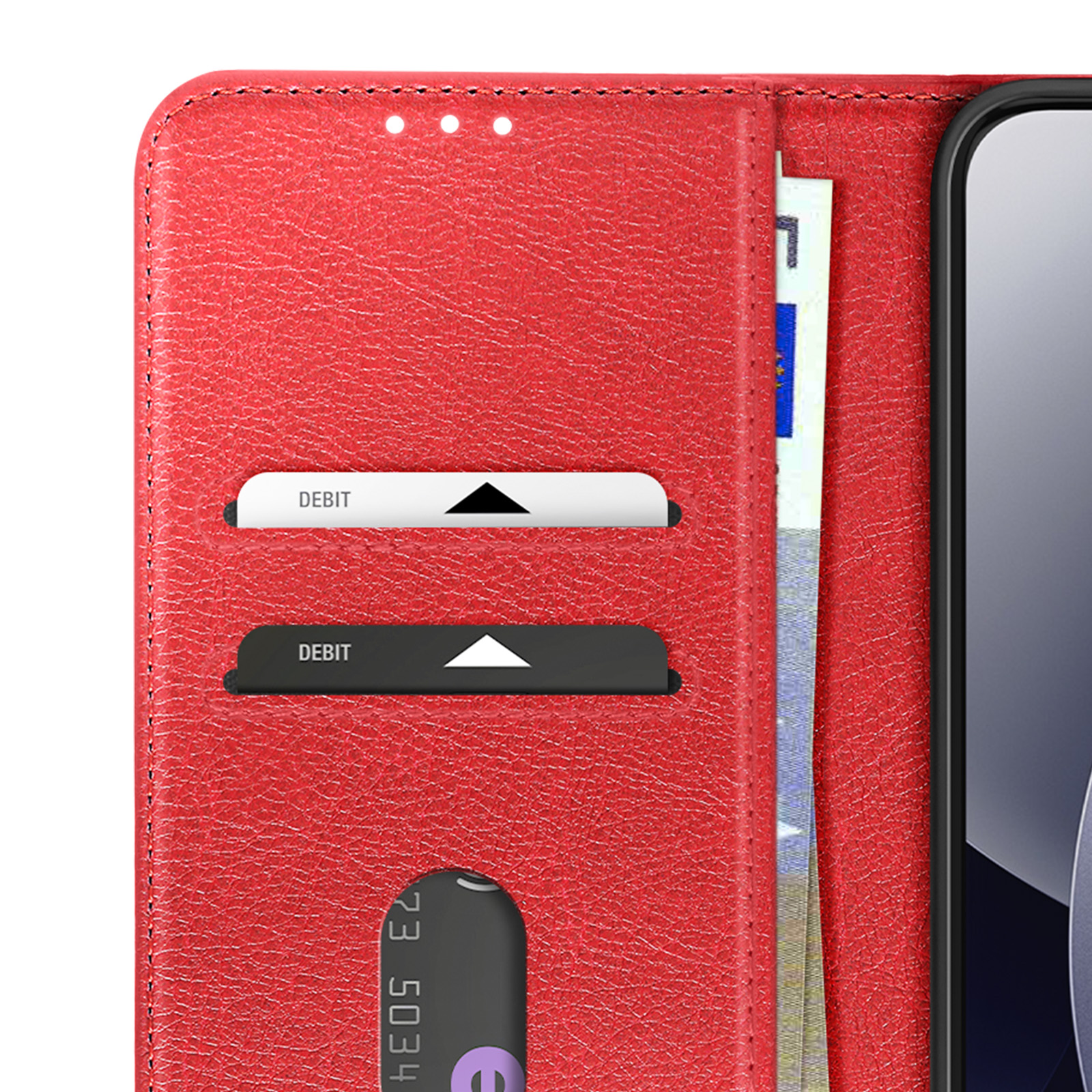 Portafoglio in pelle rossa con fessure per carte, contanti e telefono.