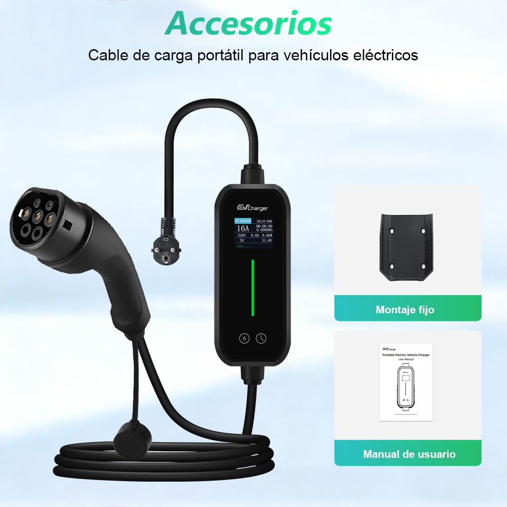 Cable de carga portátil para VE con enchufe, unidad de control y soporte.