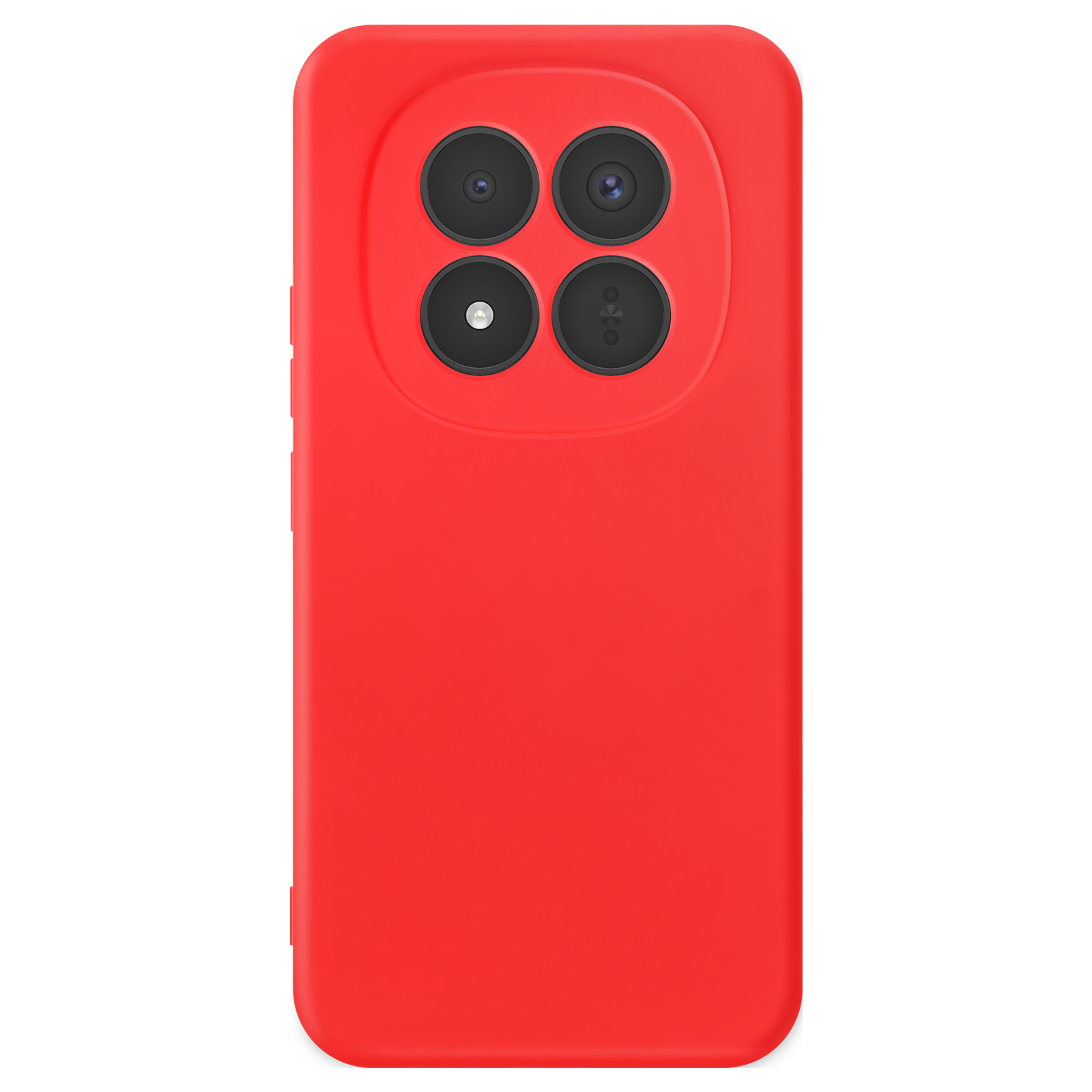 Cover rossa per telefono con quattro fotocamere posteriori, su sfondo bianco.