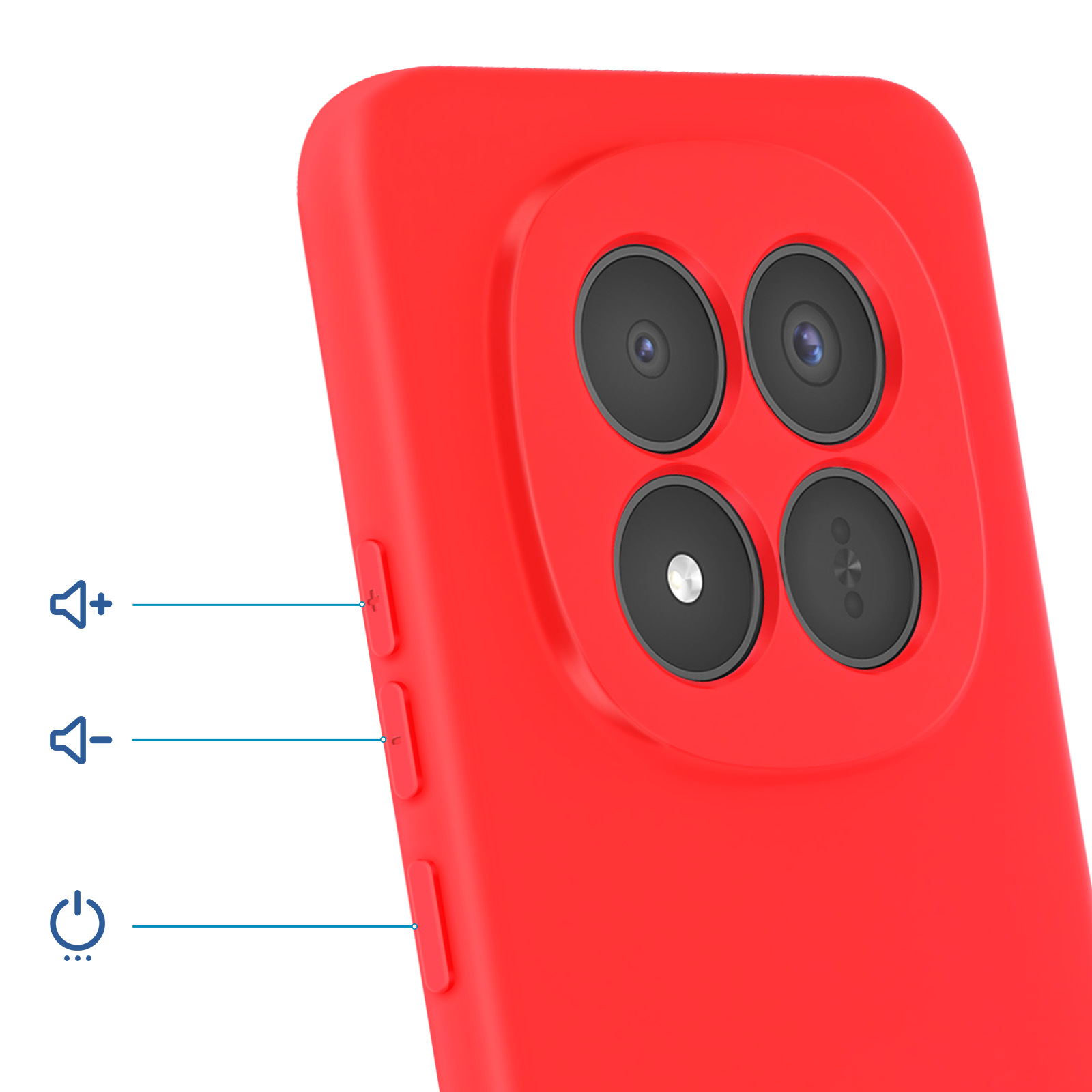 Telefono rosso con quattro fotocamere e pulsanti volume.