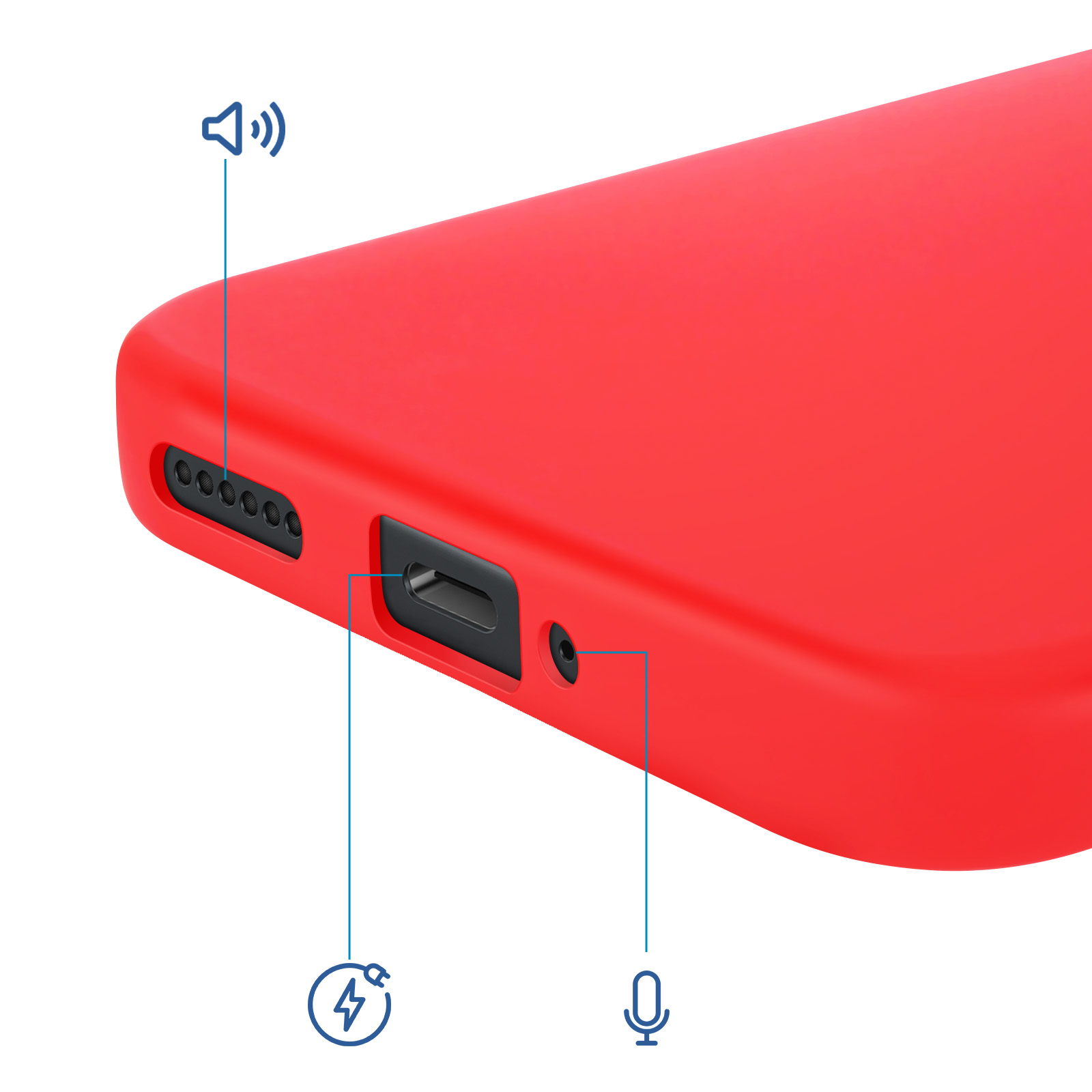 Custodia rossa per telefono con porte: altoparlante, caricabatterie, microfono.
