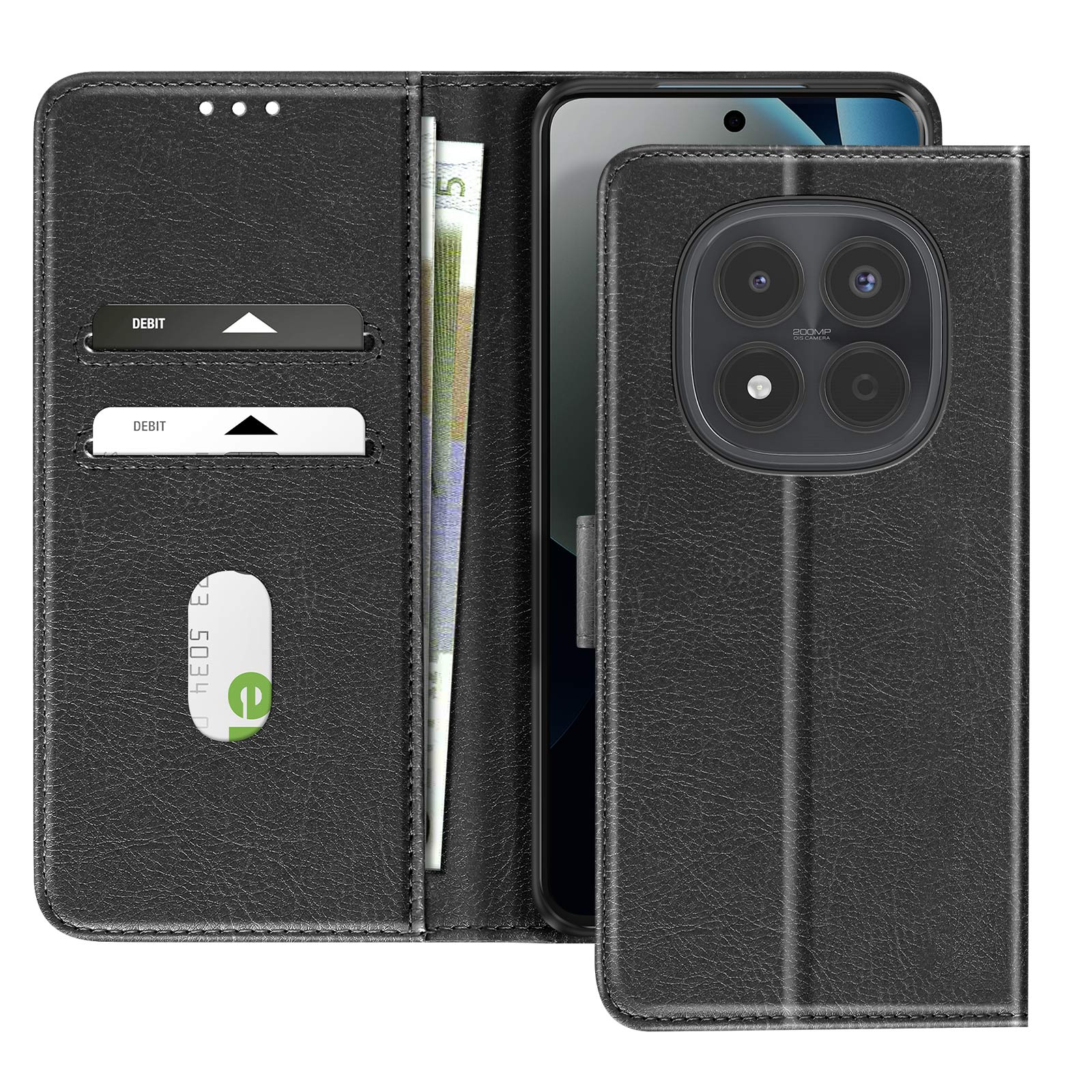 Portafoglio nero per telefono con slot per carte, banconote e fotocamera.