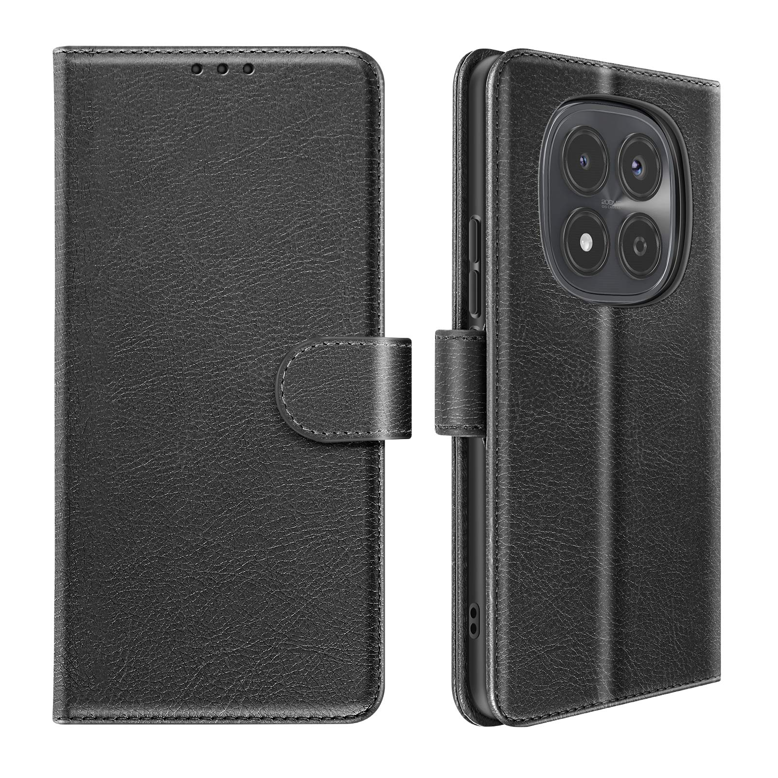 Custodia in pelle nera per smartphone con quadrupla fotocamera.