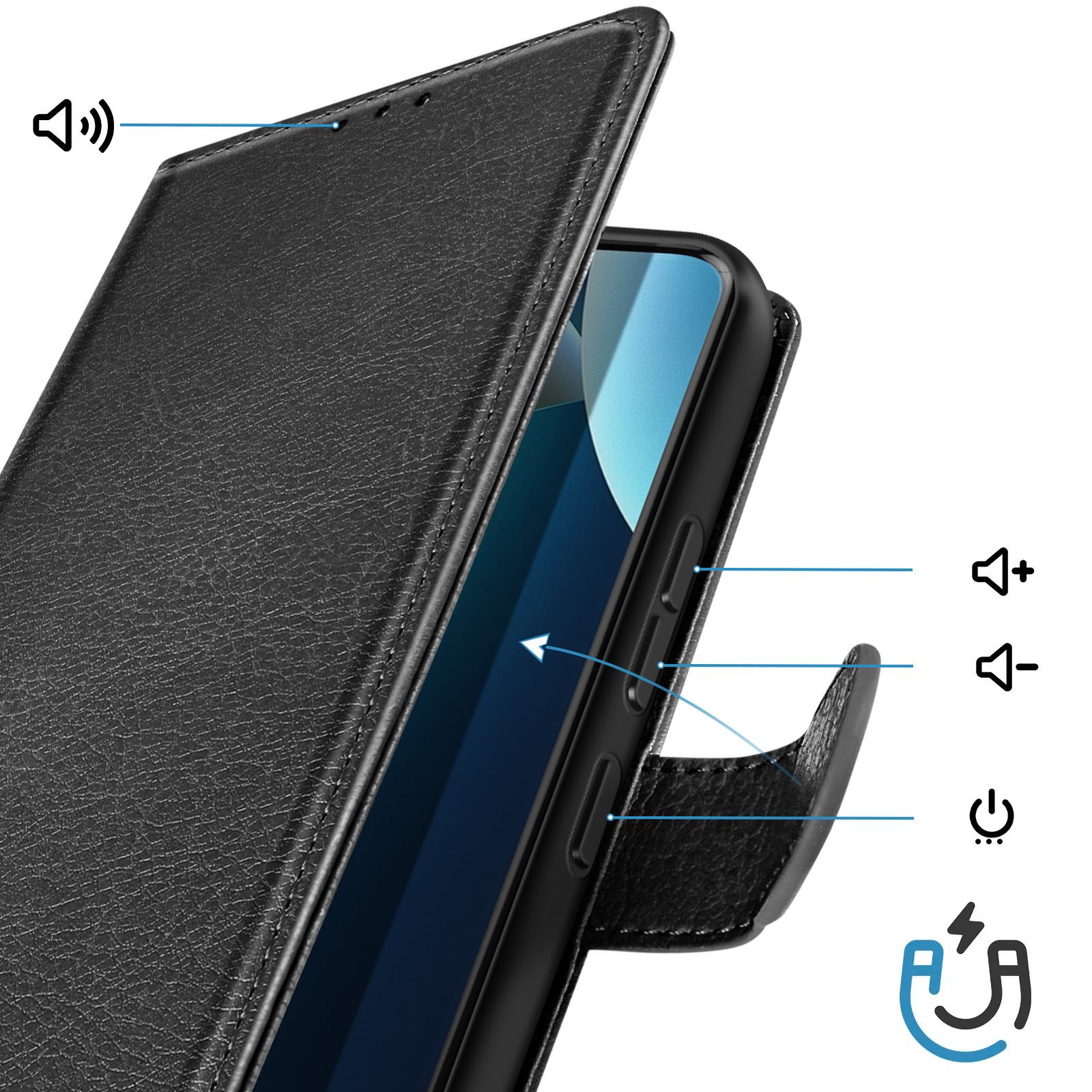 Telefono nero con custodia in pelle aperta, che evidenzia pulsanti e icone.