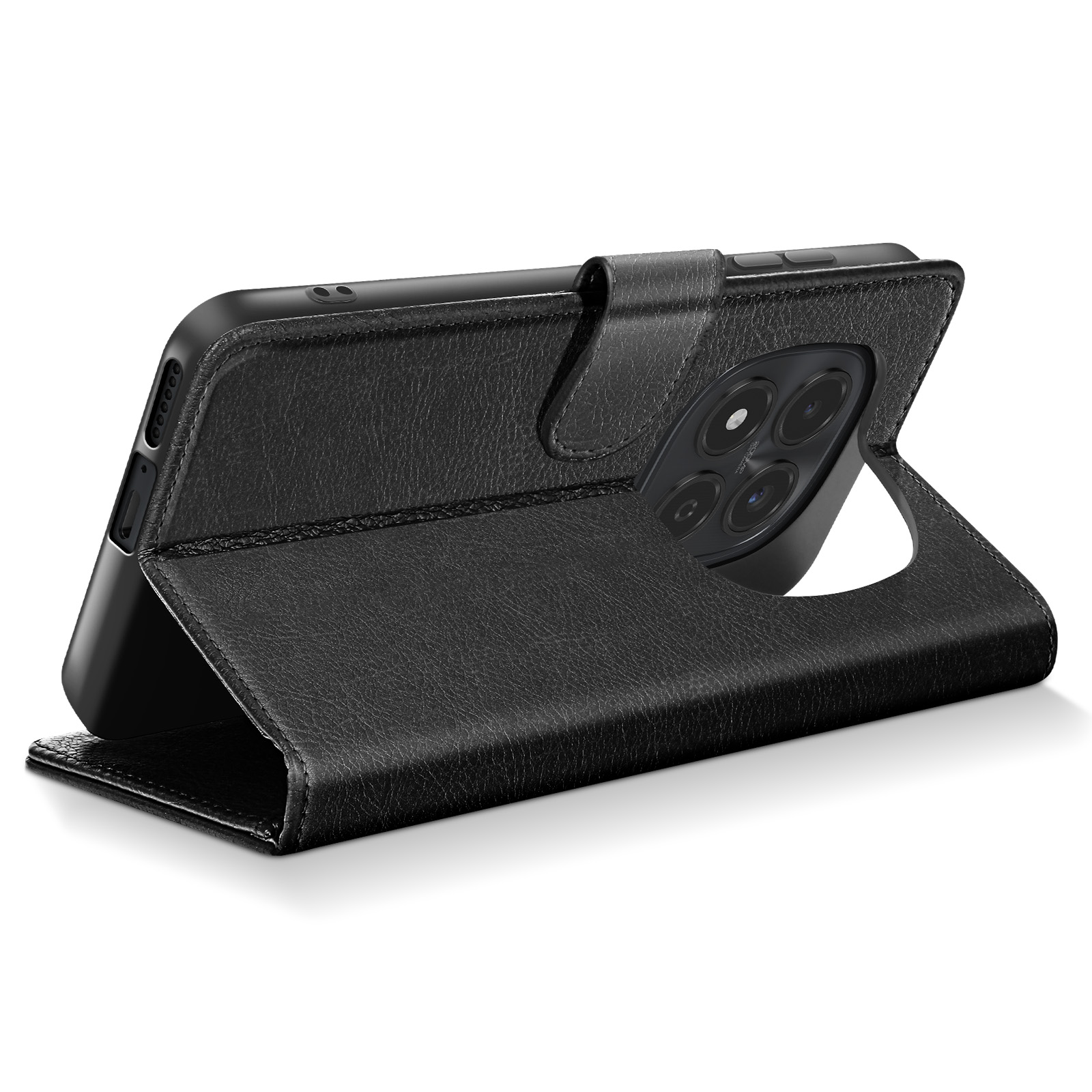 Custodia a libro in pelle nera per smartphone in posizione verticale.