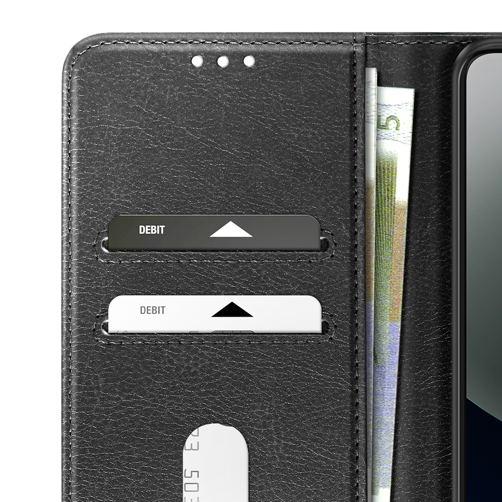 Custodia in pelle nera con slot per carte e banconote.