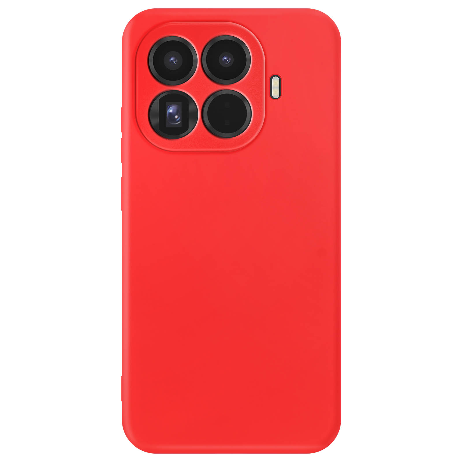 Coque de téléphone rouge avec quatre objectifs et un flash.