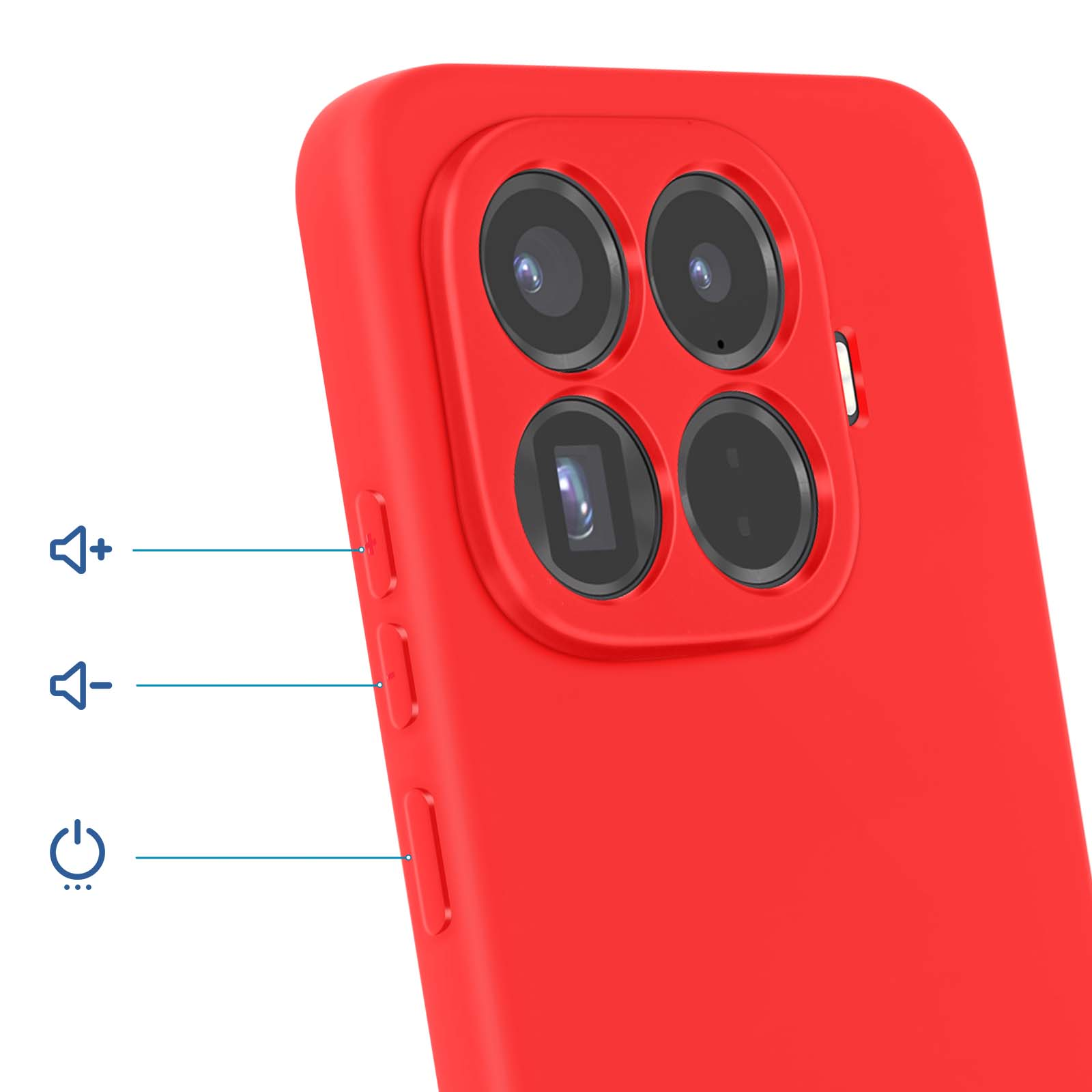 Coque de téléphone rouge avec quatre caméras et boutons volume/alimentation.