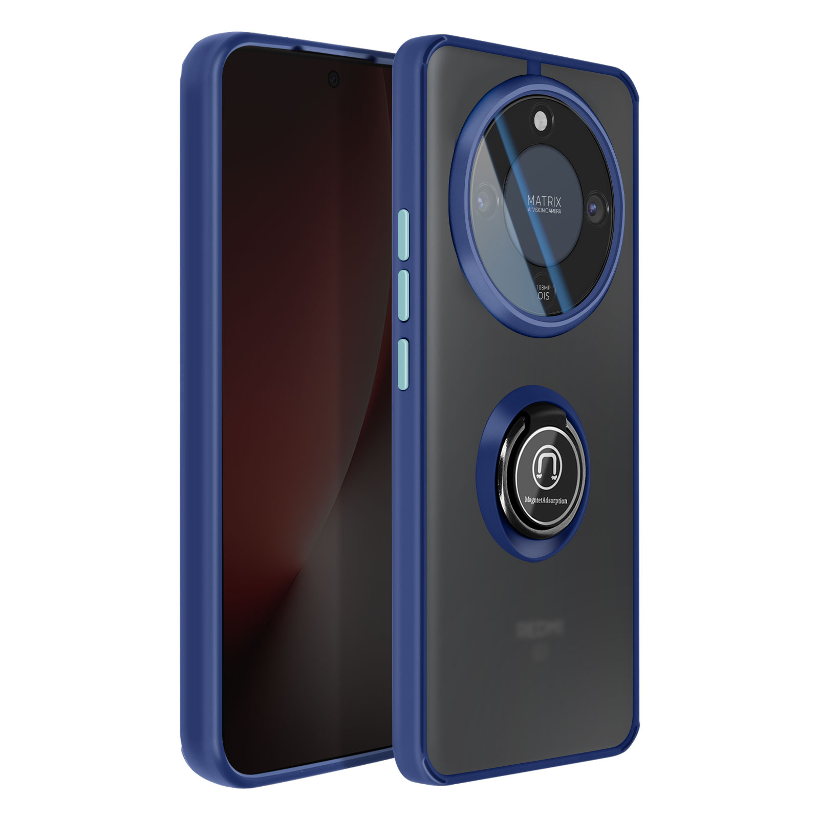 Coque de téléphone bleue avec dos noir et support anneau. Triple appareil photo.