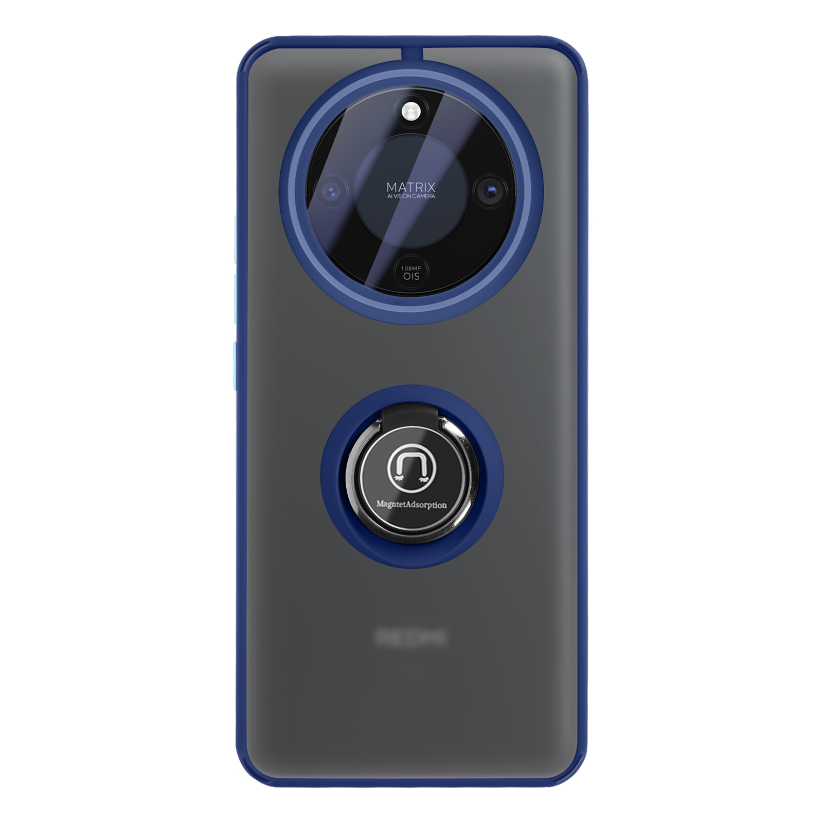 Un smartphone sombre avec un module caméra circulaire et un support anneau.