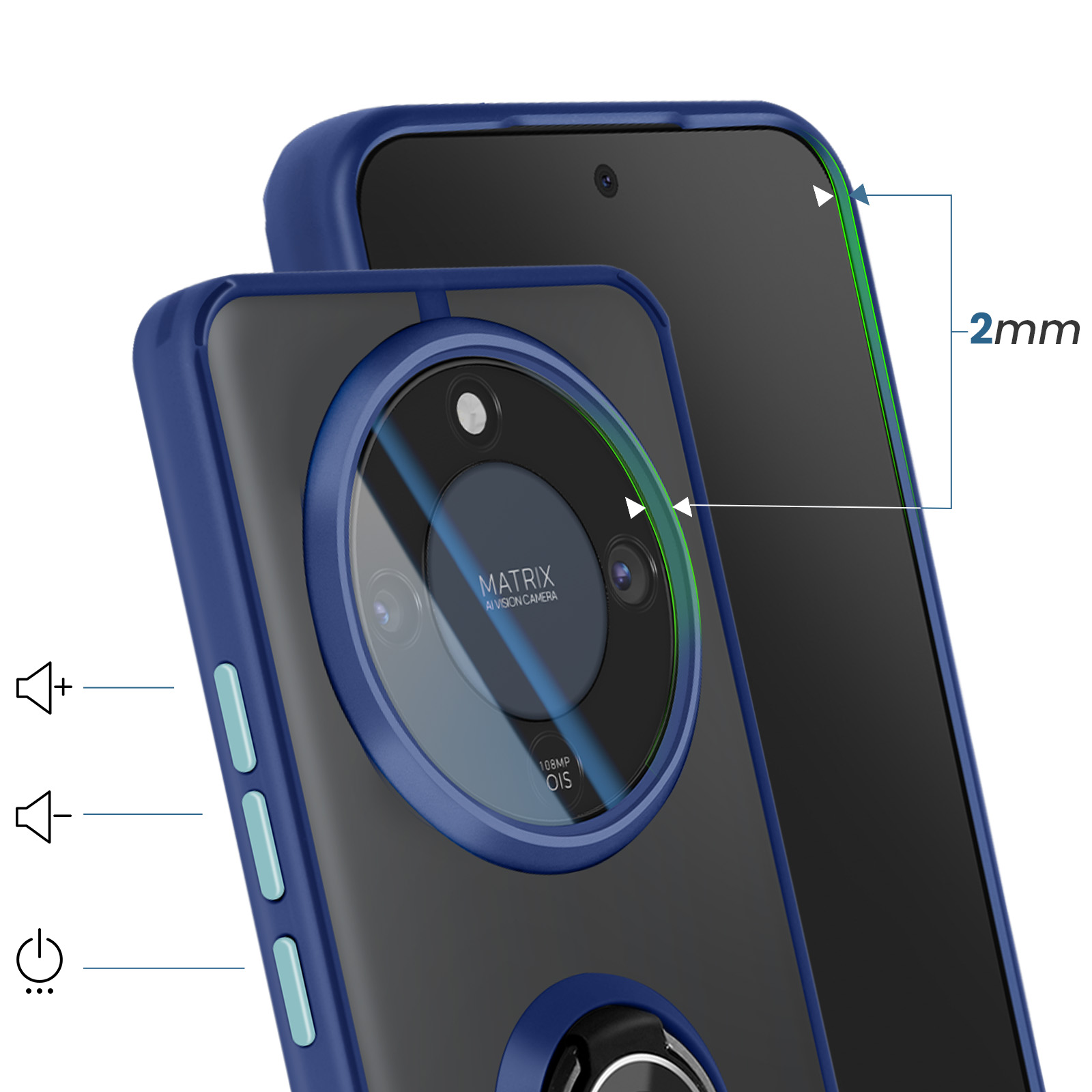 Coque de téléphone bleue, gros plan sur la caméra. Montre un bord surélevé 2mm.