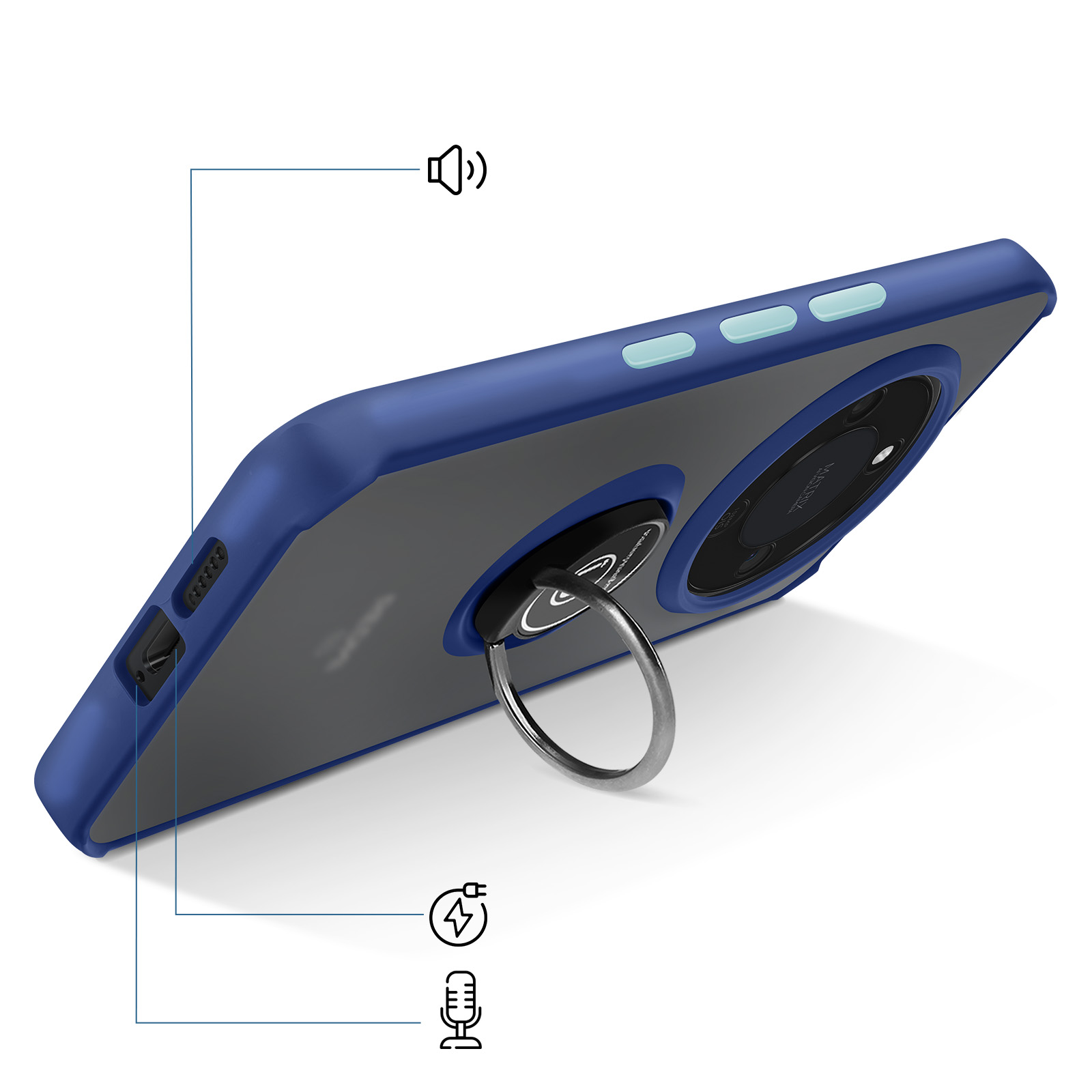 Coque de téléphone bleue avec support bague, montrant icônes haut-parleur, charge et micro.