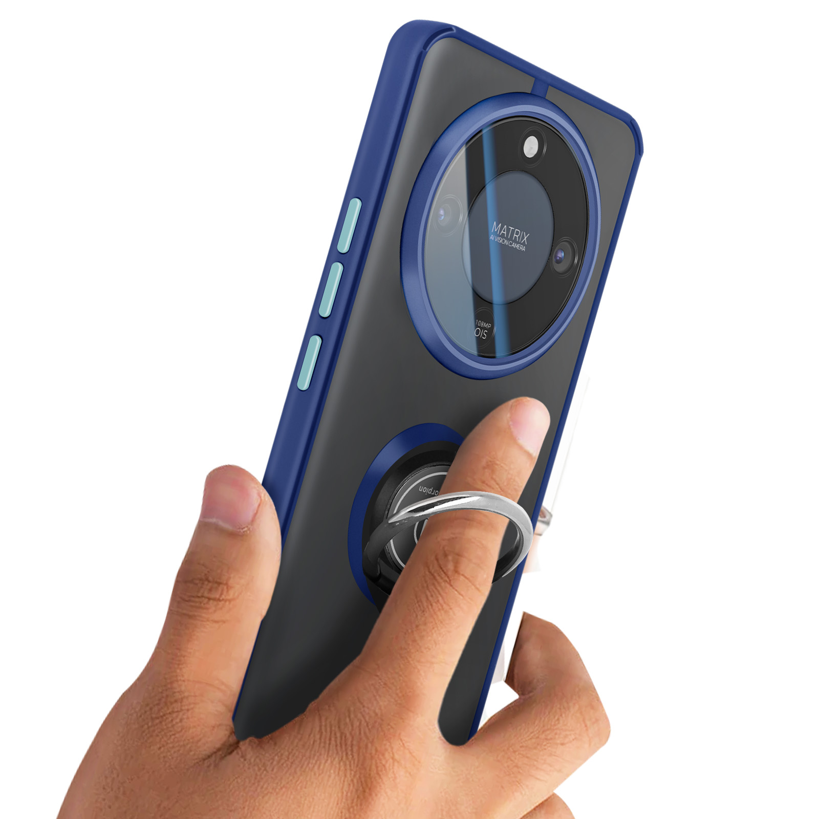 Une main tient un smartphone bleu avec un support anneau et un module caméra.
