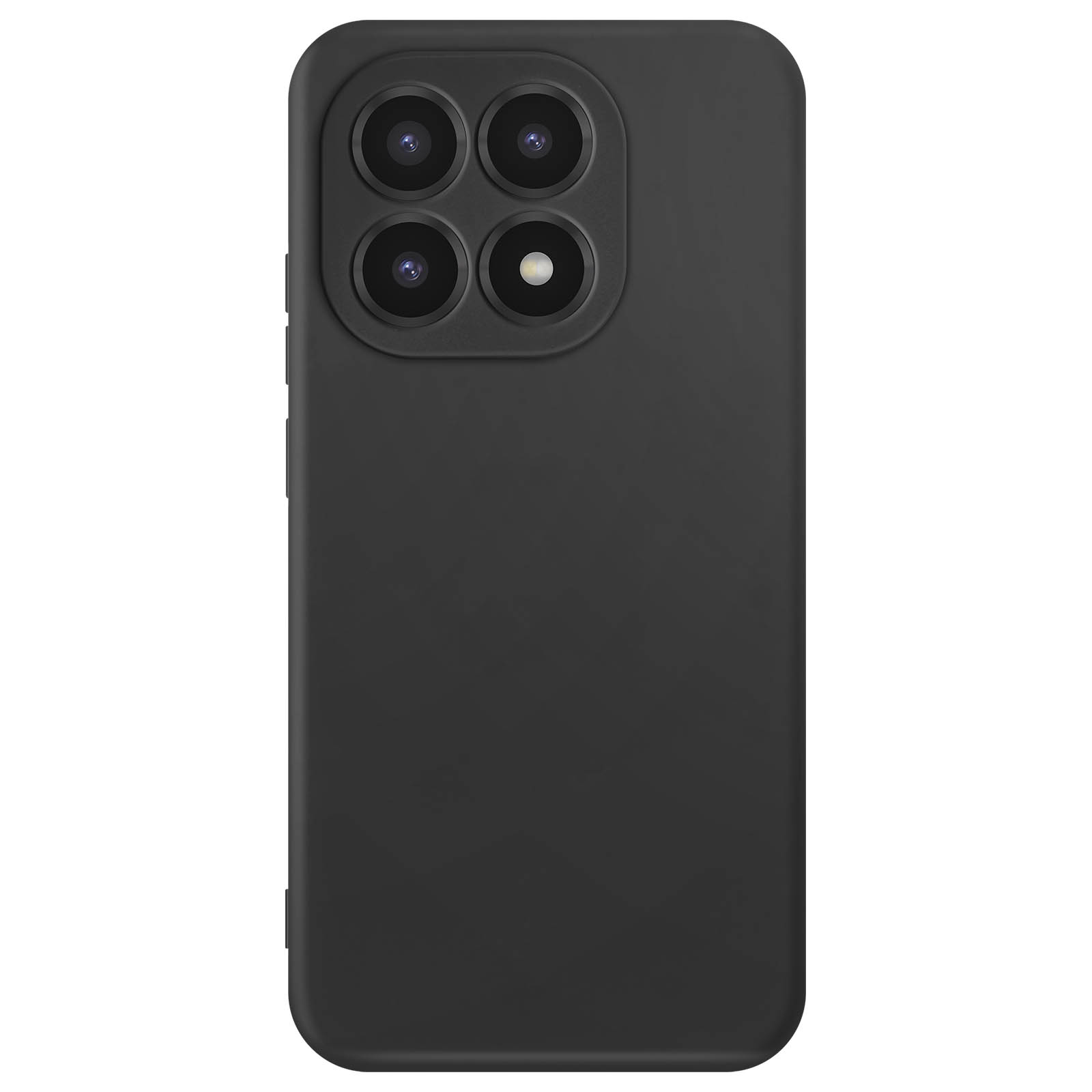 Zwarte telefoonhoes met vier lenzen en flitser in een vierkante camerapositie.