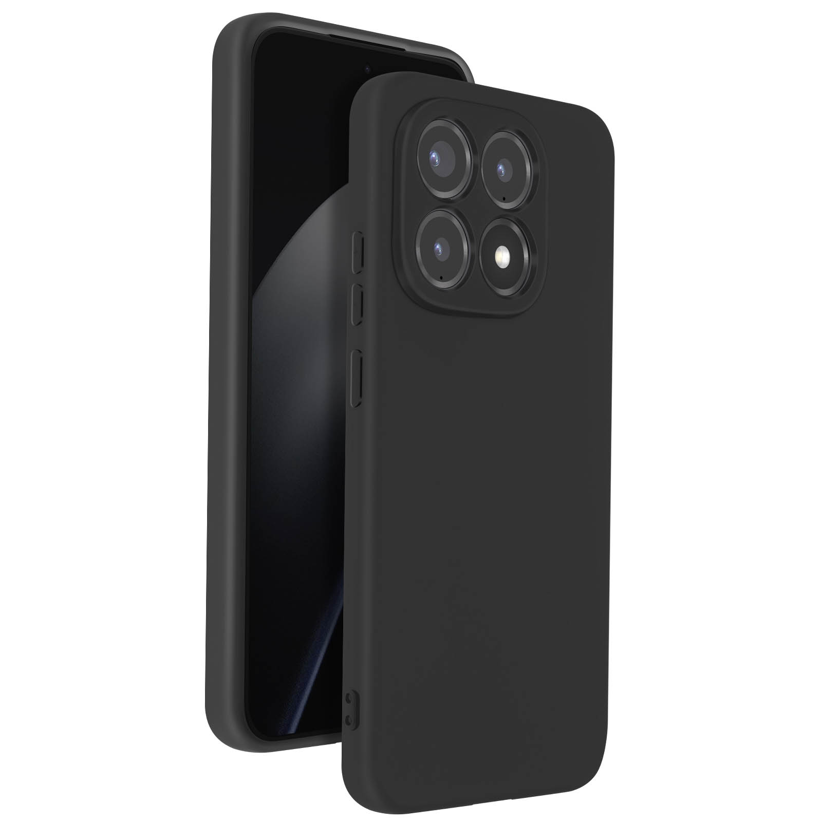 Zwarte mobiele telefoon met quad camera en beschermhoes.