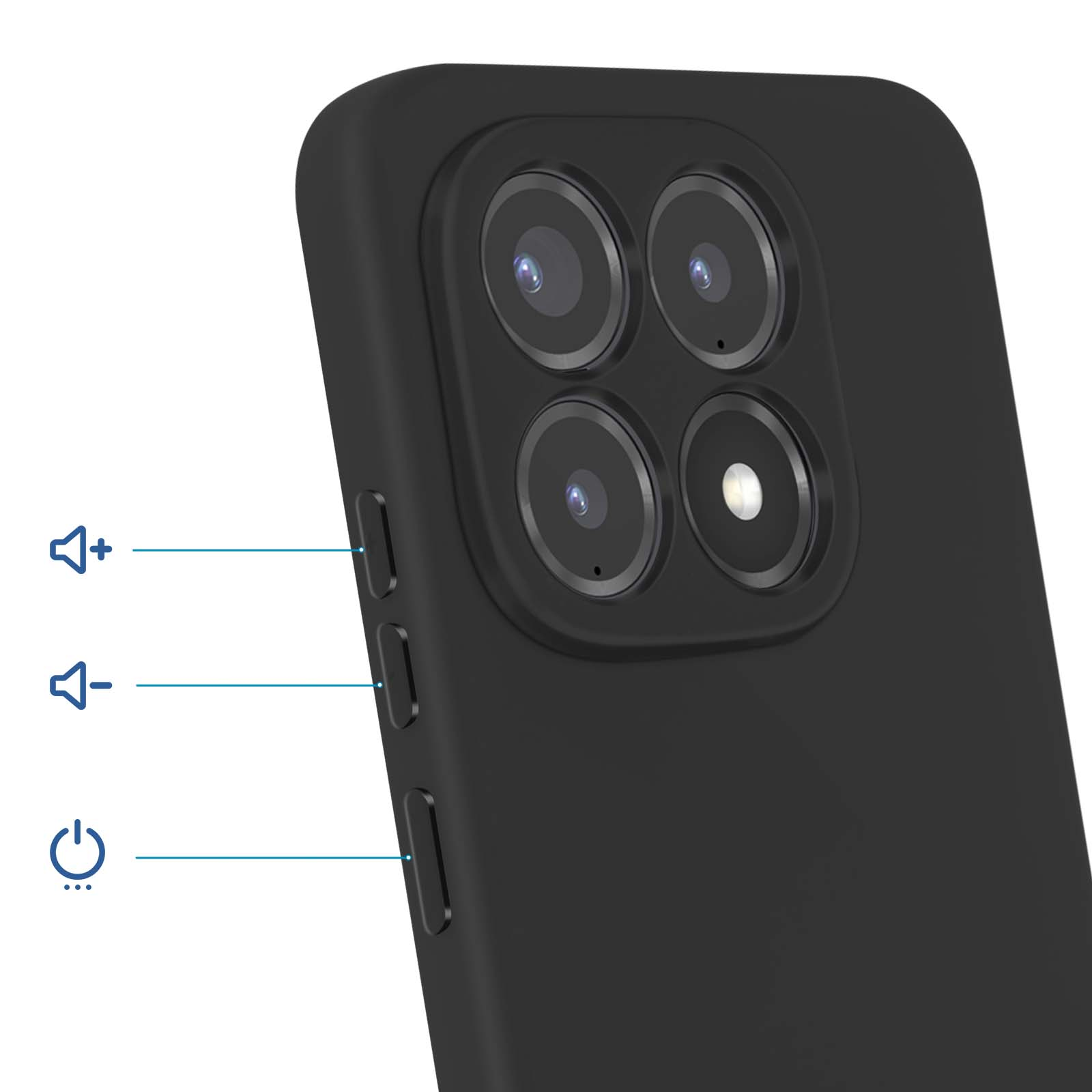 Zwarte smartphone met vier camera's, volume- en aan/uitknoppen.