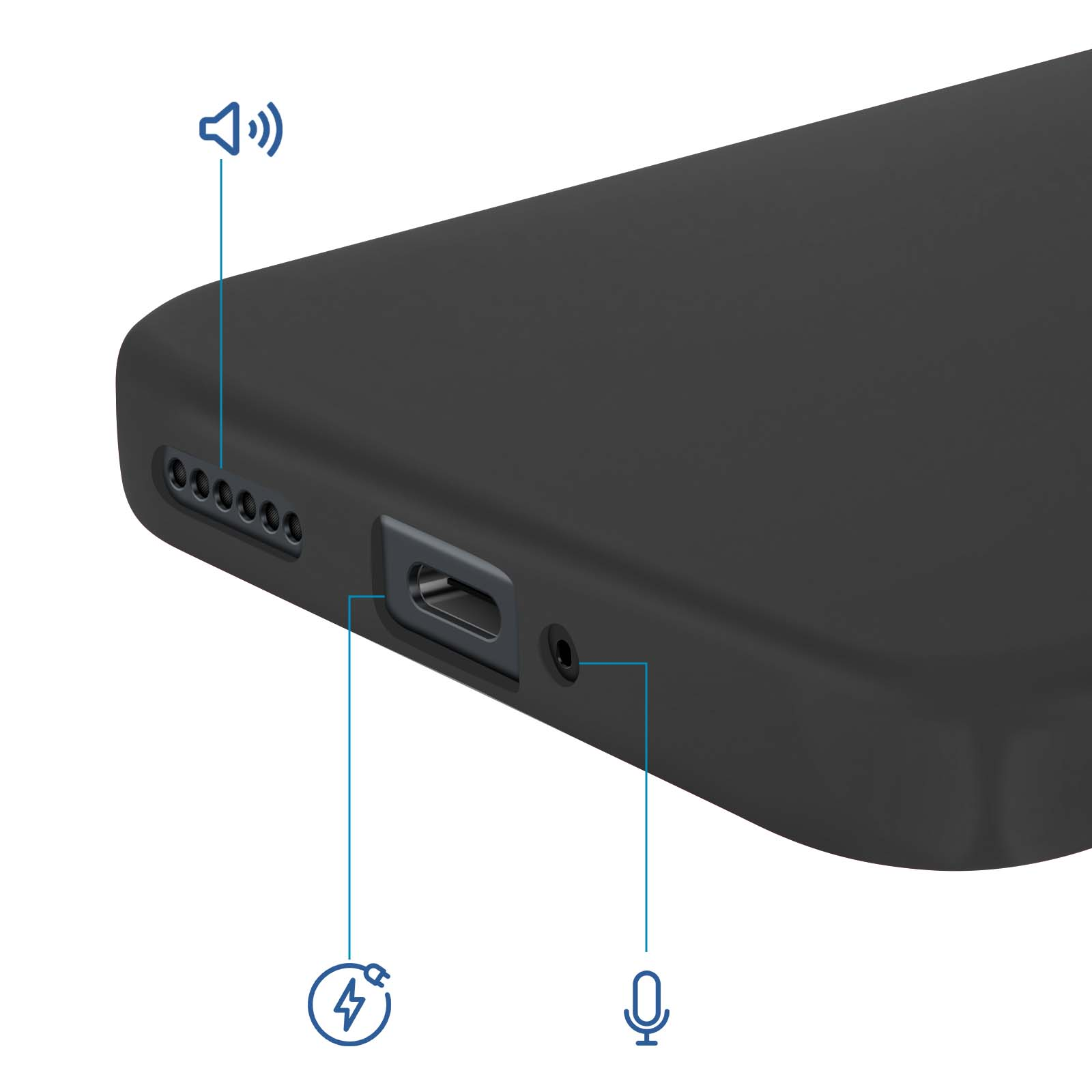 Zwart telefoonhoesje met poorten: opladen, koptelefoon, luidsprekerrooster. Geluid/stroom-iconen.