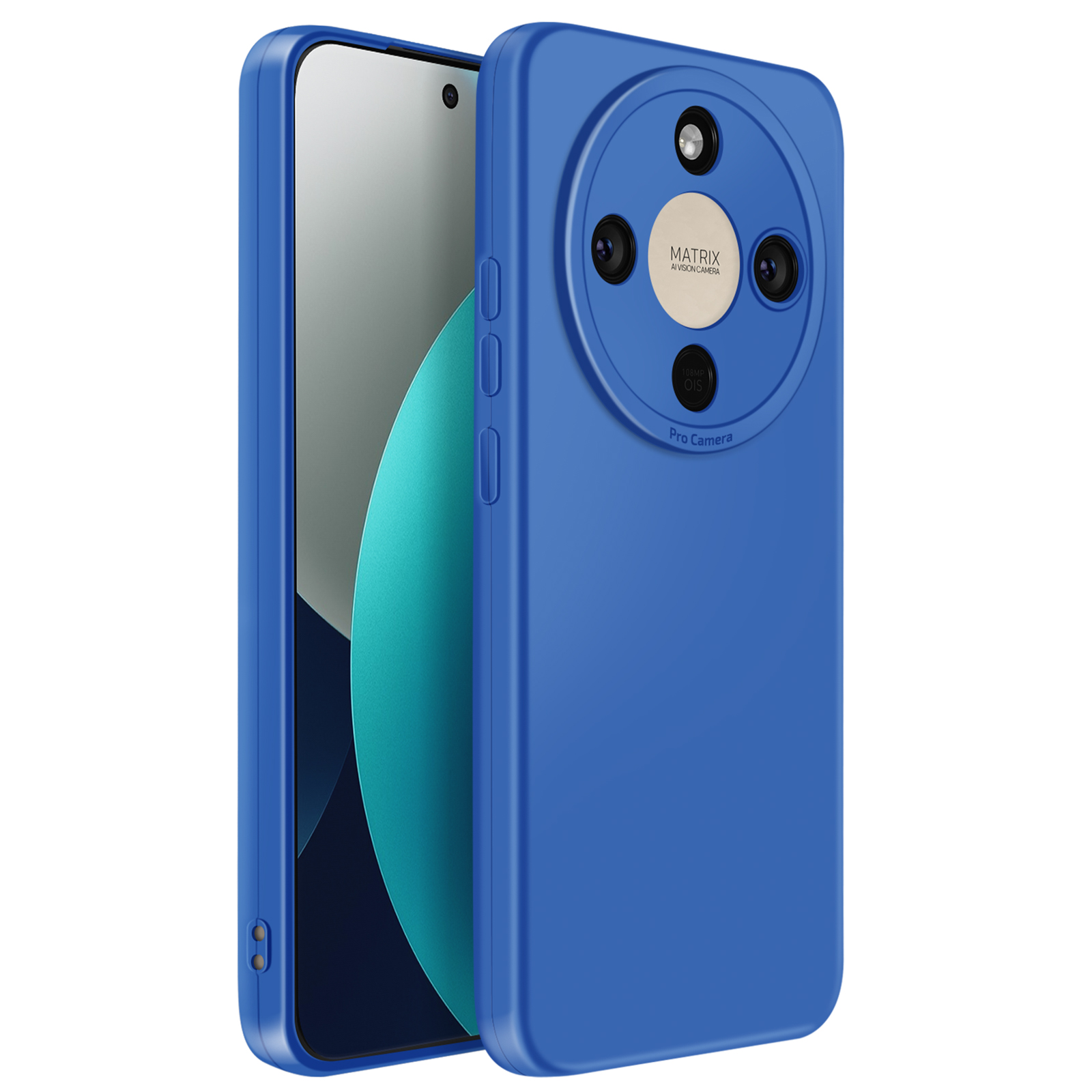 Blauwe smartphone met Matrix AI Vision Camera en 108MP OIS Pro Camera.