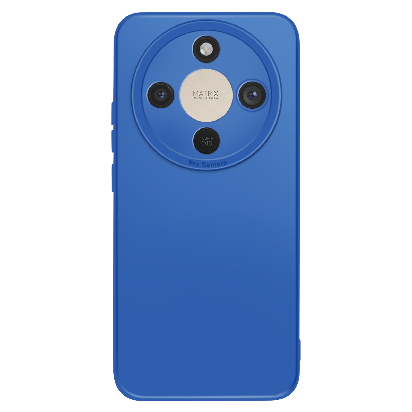 De achterkant van een blauwe smartphone met ronde cameralens.