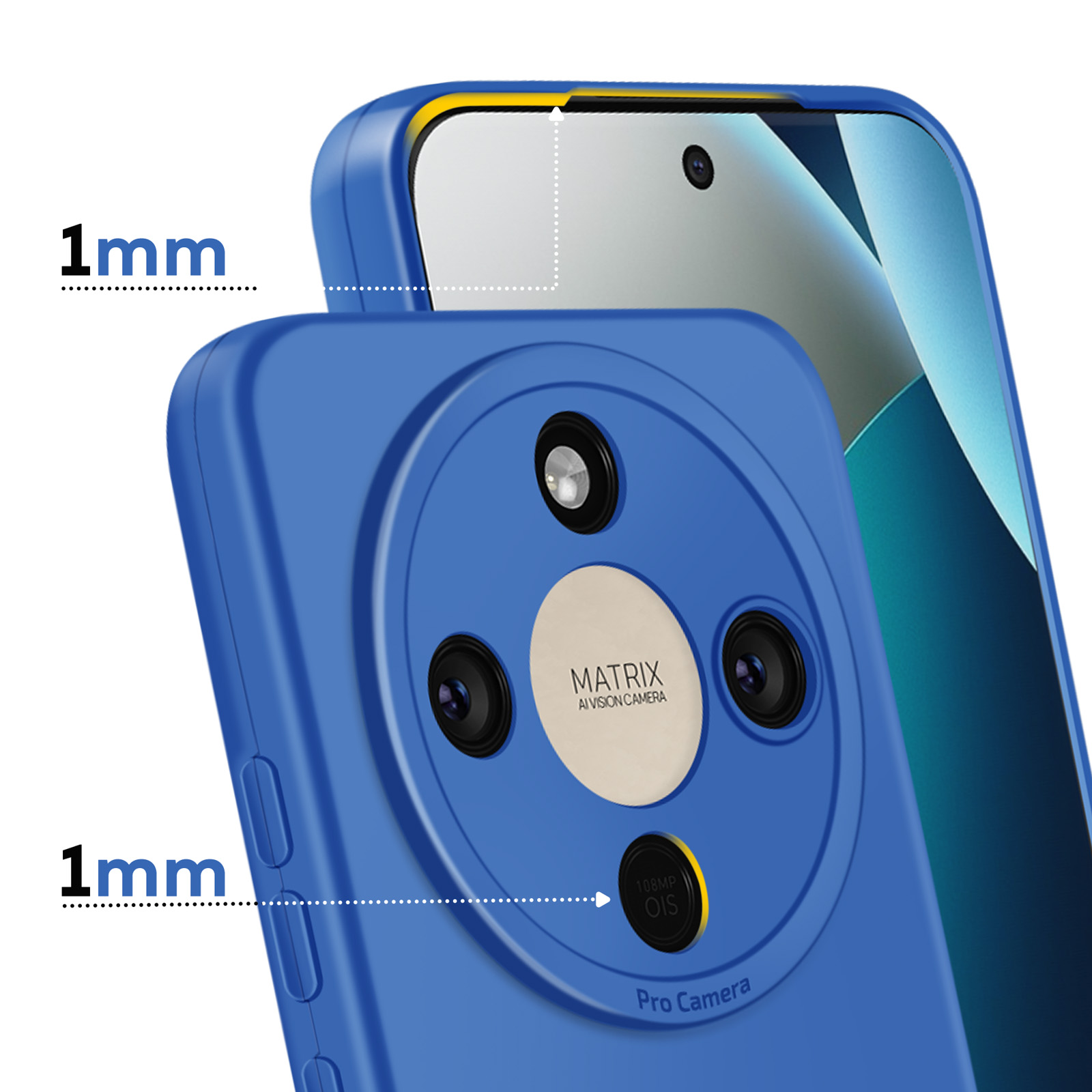 Blauwe telefoonhoes met 1mm verhoogde randen rond camera en scherm. Matrix AI Vision Camera.