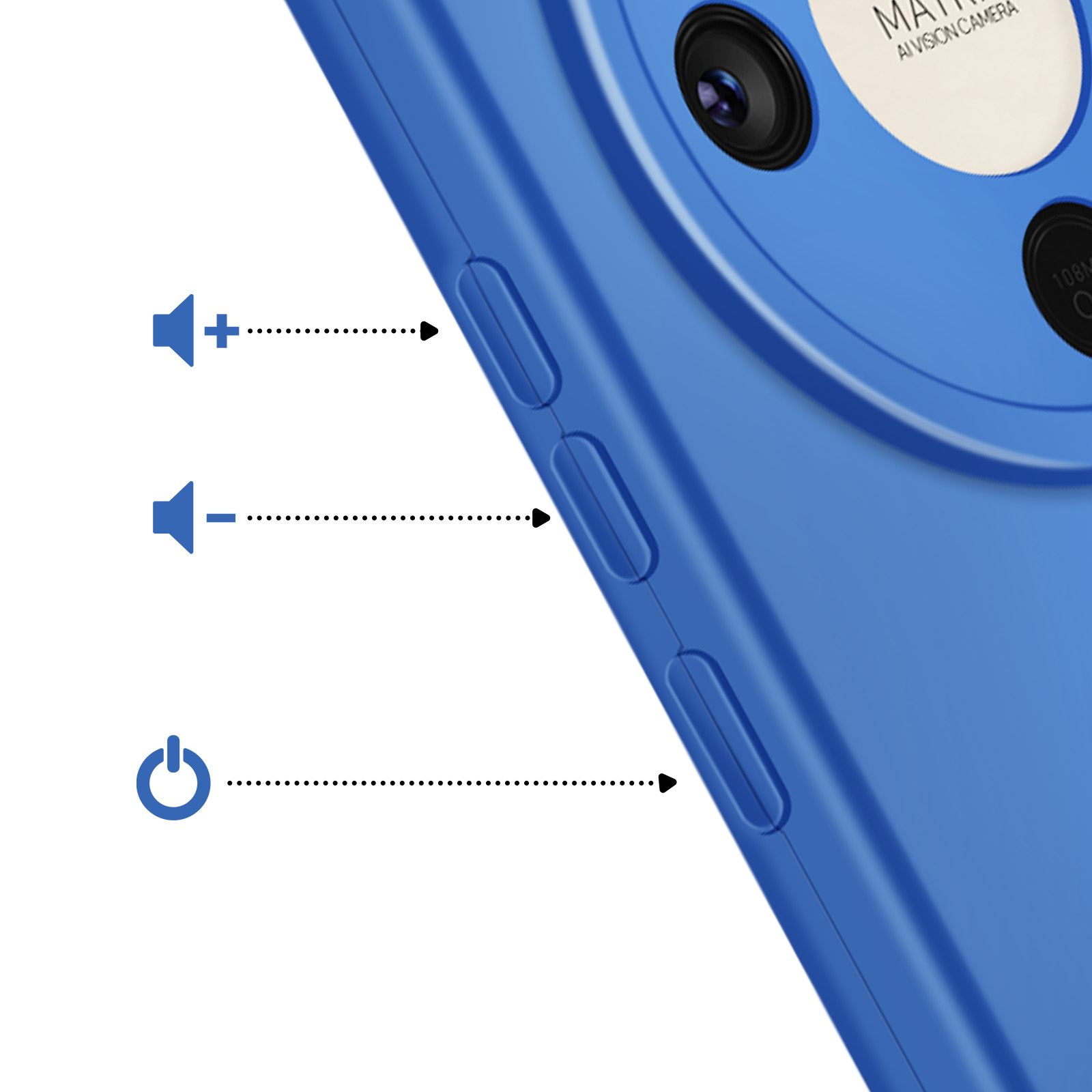 Blauwe smartphone met volume- en aan/uitknoppen. Camera bovenaan.
