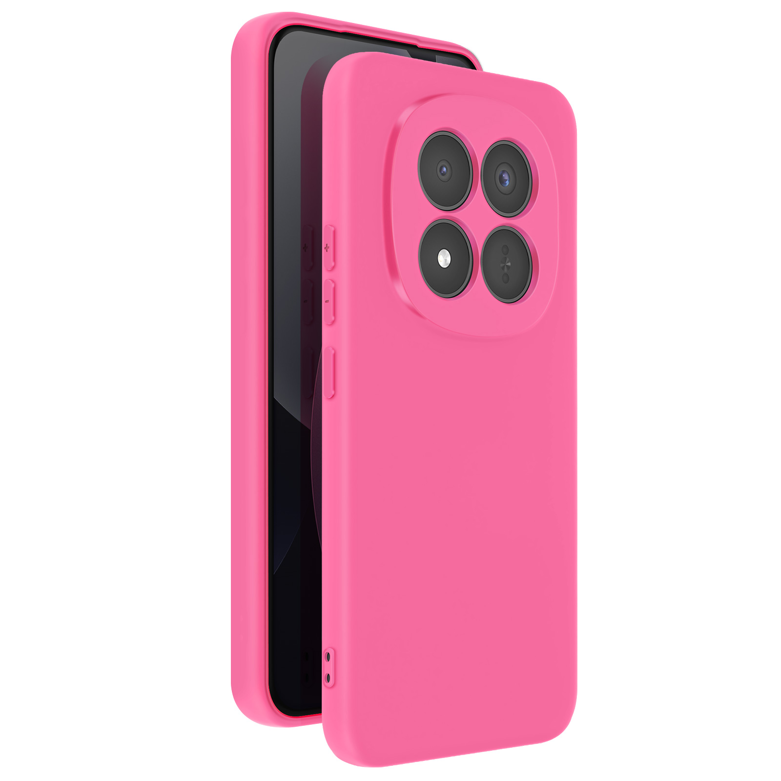 Una custodia per telefono rosa con quattro fotocamere e pulsanti laterali.