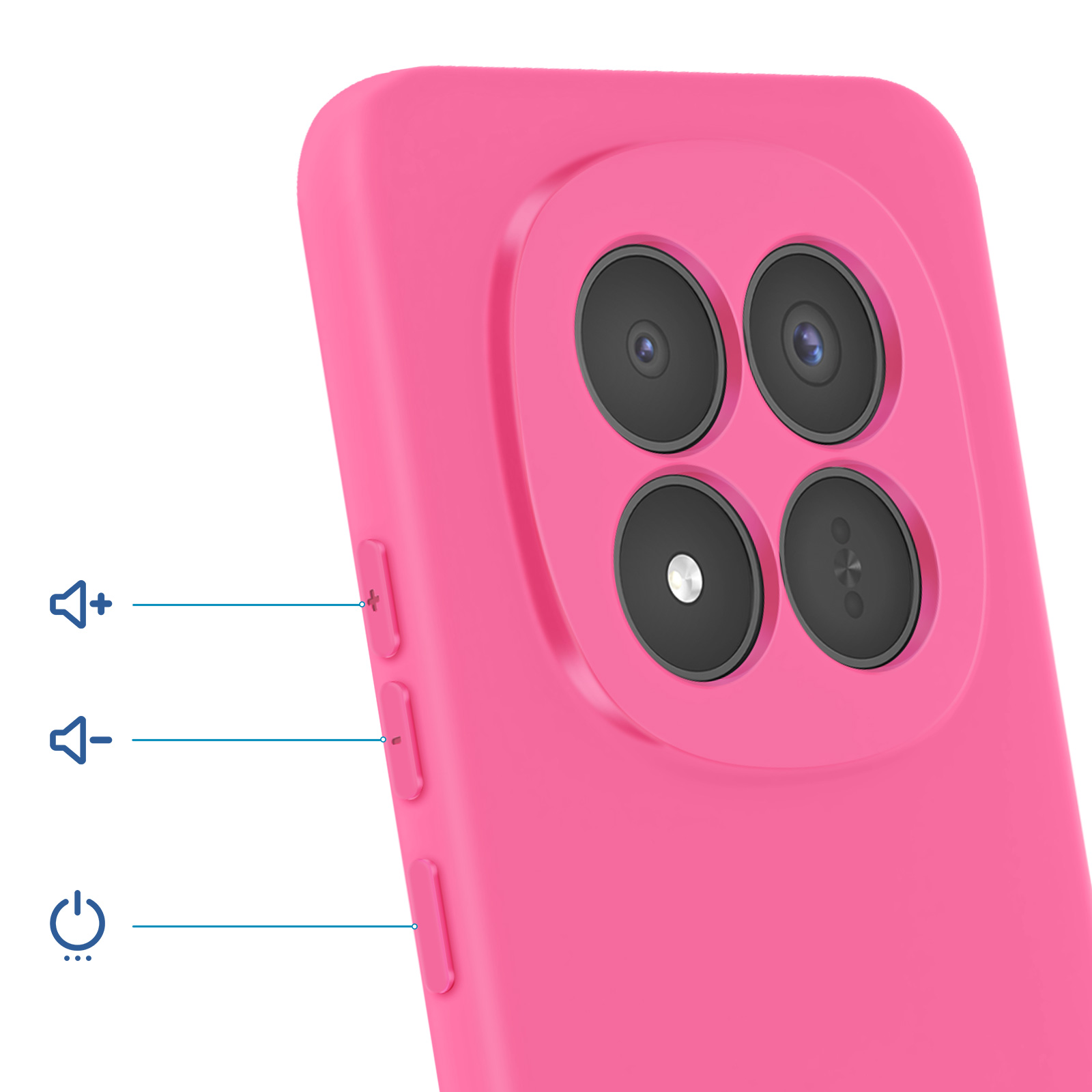 Una custodia rosa per telefono con quattro fotocamere e pulsanti laterali.