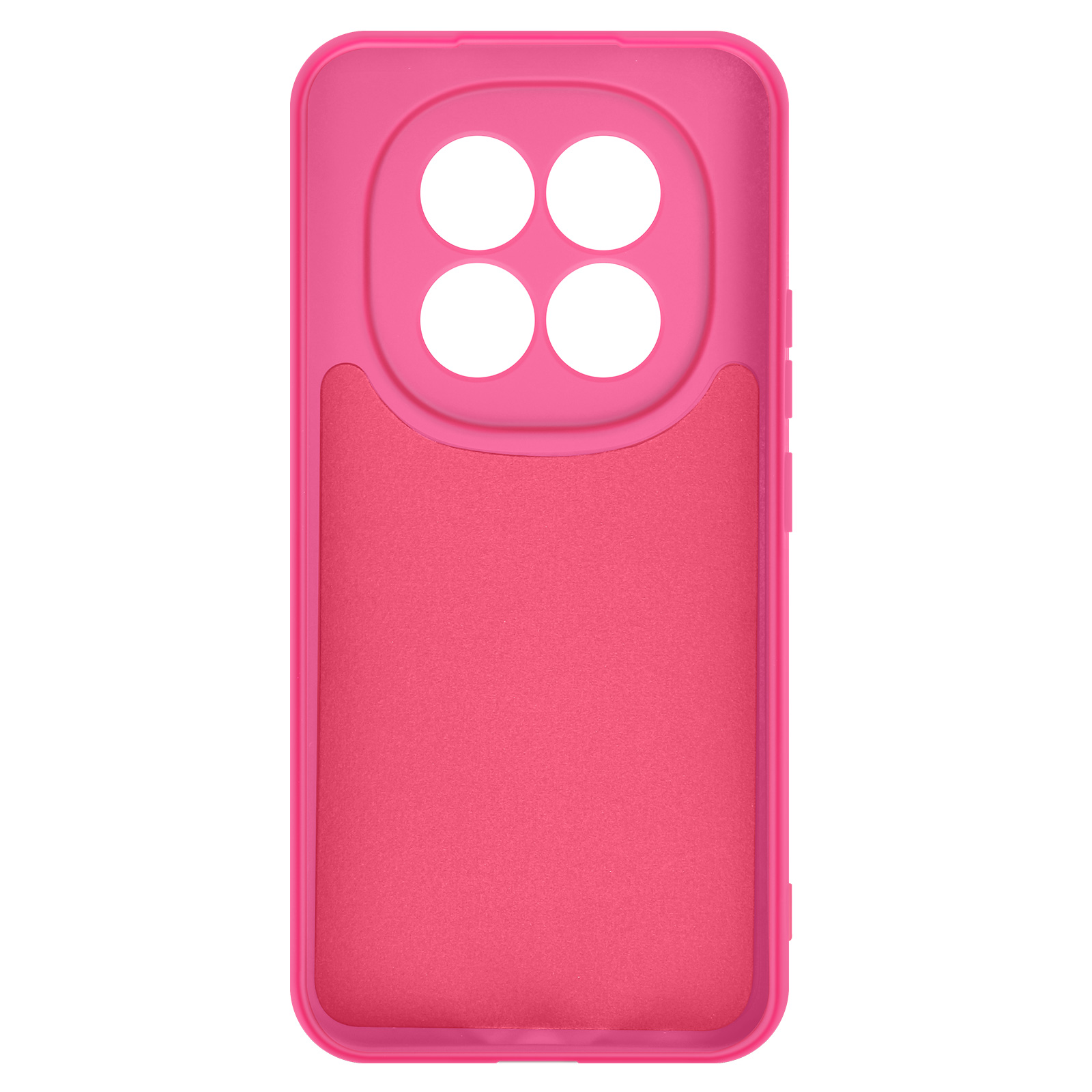 Una cover per telefono rosa acceso con ritagli per quattro fotocamere.