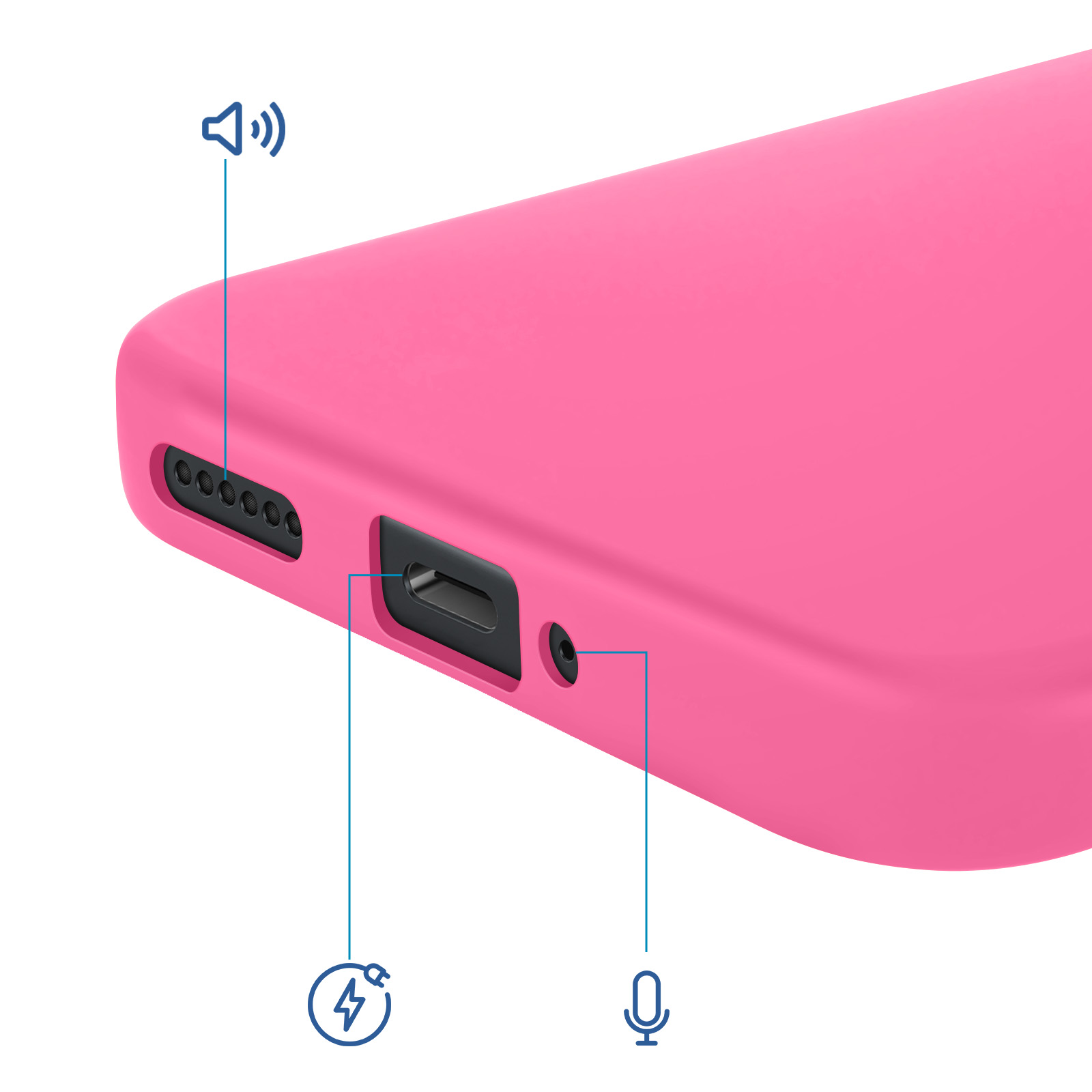 Custodia rosa per telefono che mostra porte altoparlante, ricarica e microfono.