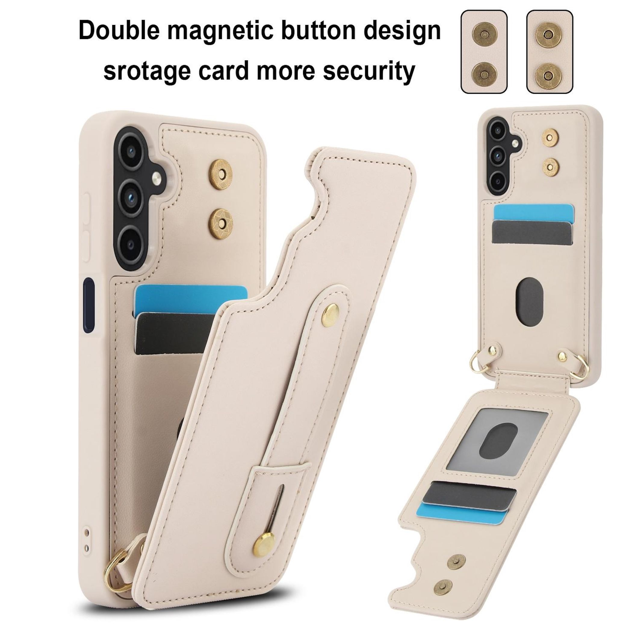 Beige Handyhülle mit Kartensteckplätzen und magnetischem Verschluss.