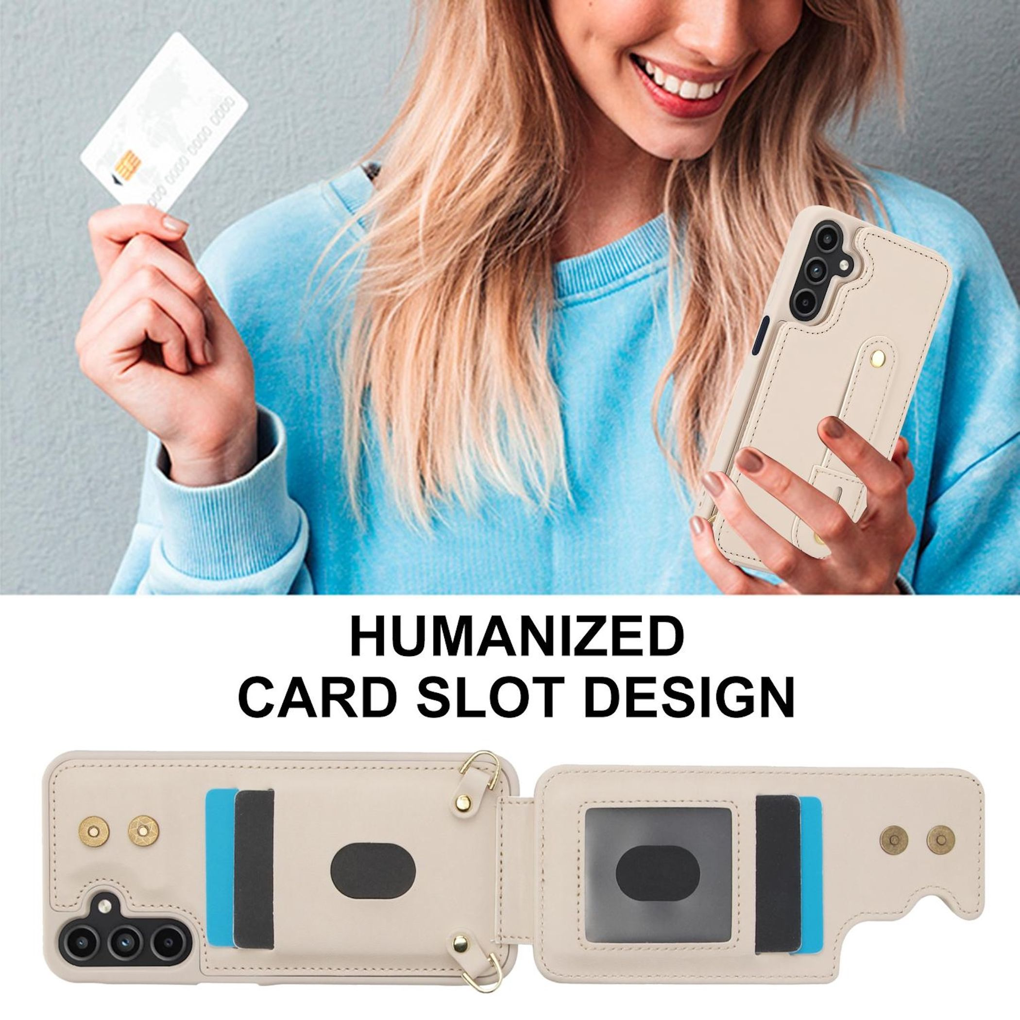 Eine lächelnde Frau hält eine Kreditkarte und eine beige Handyhülle mit Kartenschlitzen.