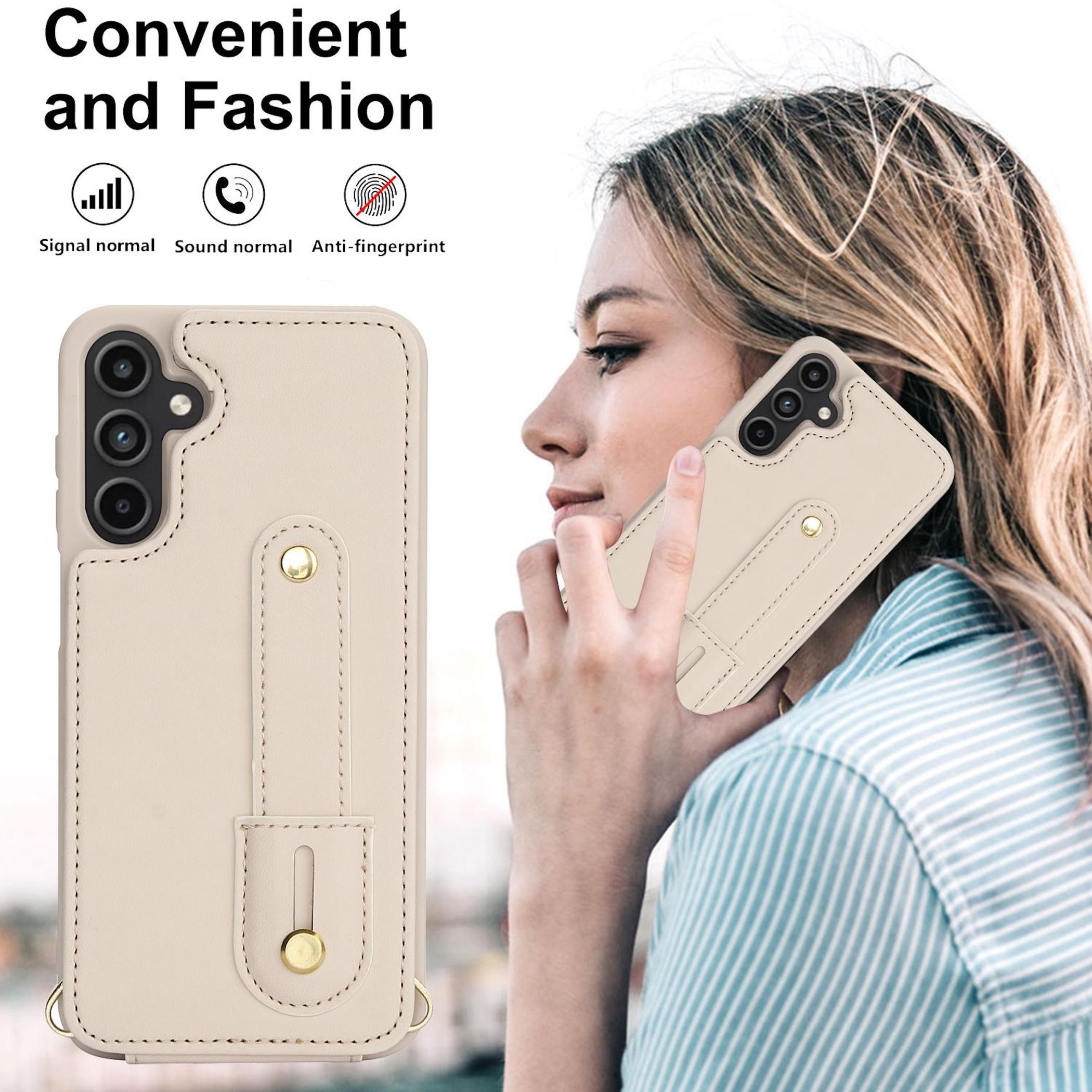 Eine Frau hält ein hellbeiges Handy mit einer Hülle und einer Schlaufe.