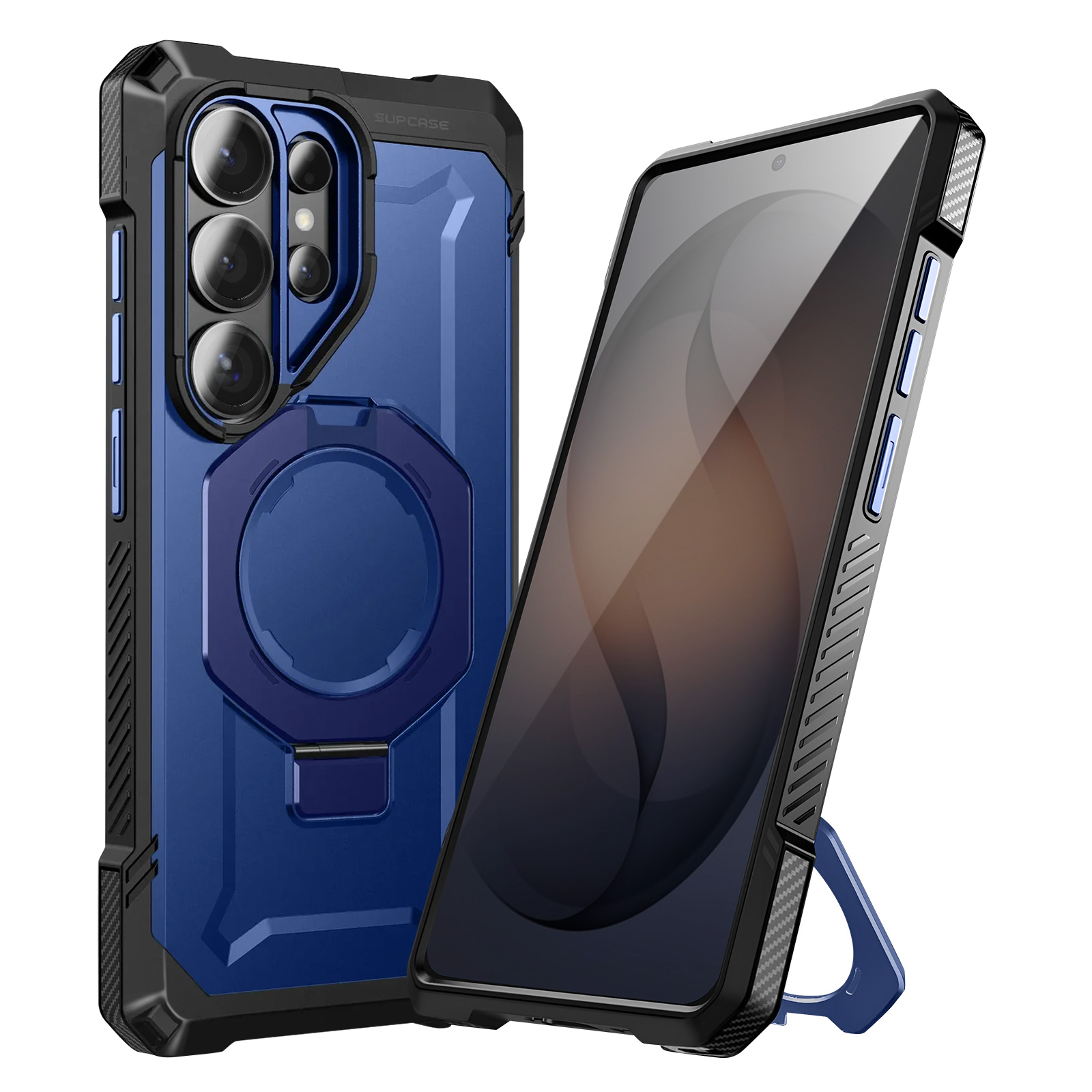 Custodia blu per telefono con anello e supporto. Telefono in custodia a sinistra, telefono a destra.