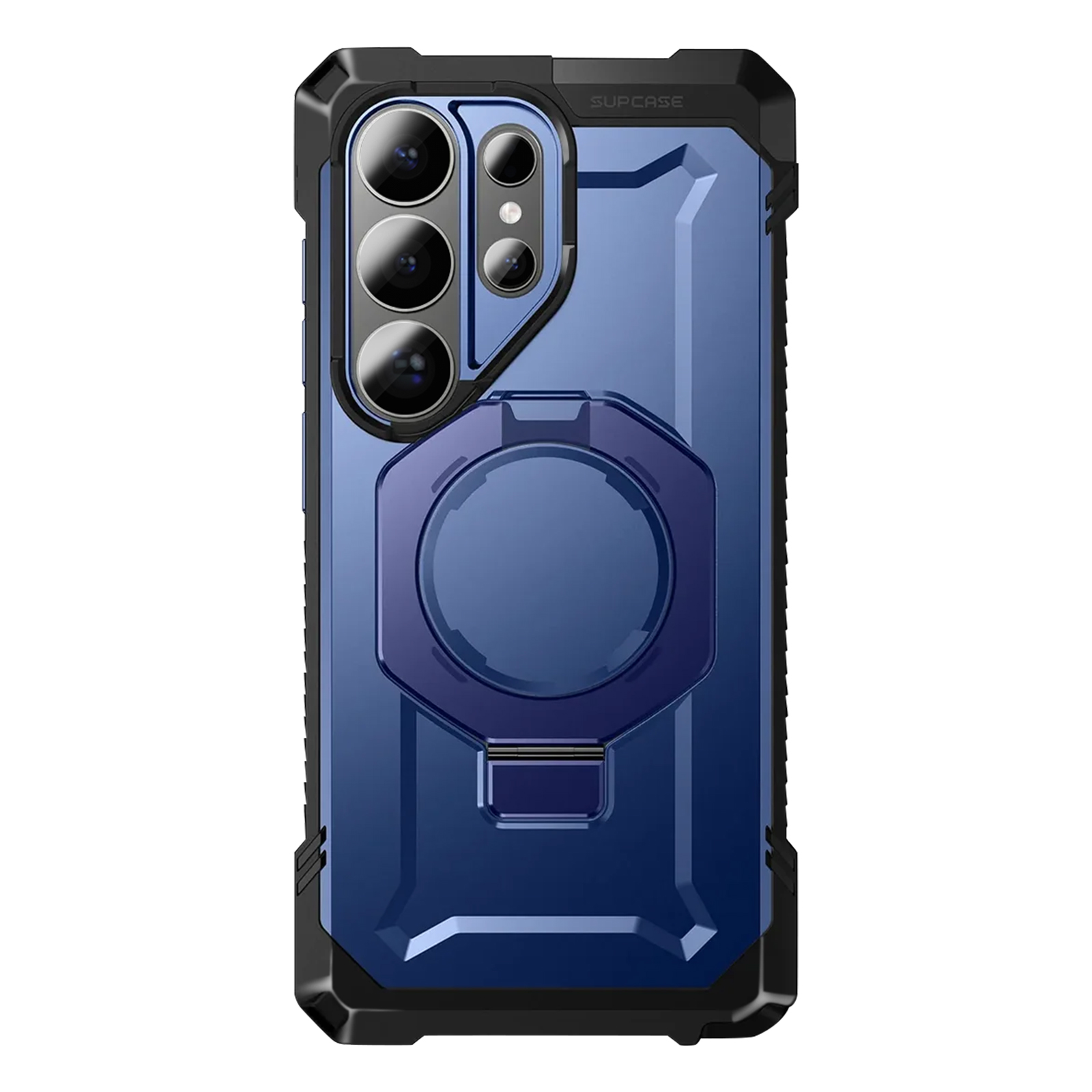 Custodia blu per telefono con anello e fotocamere multiple.