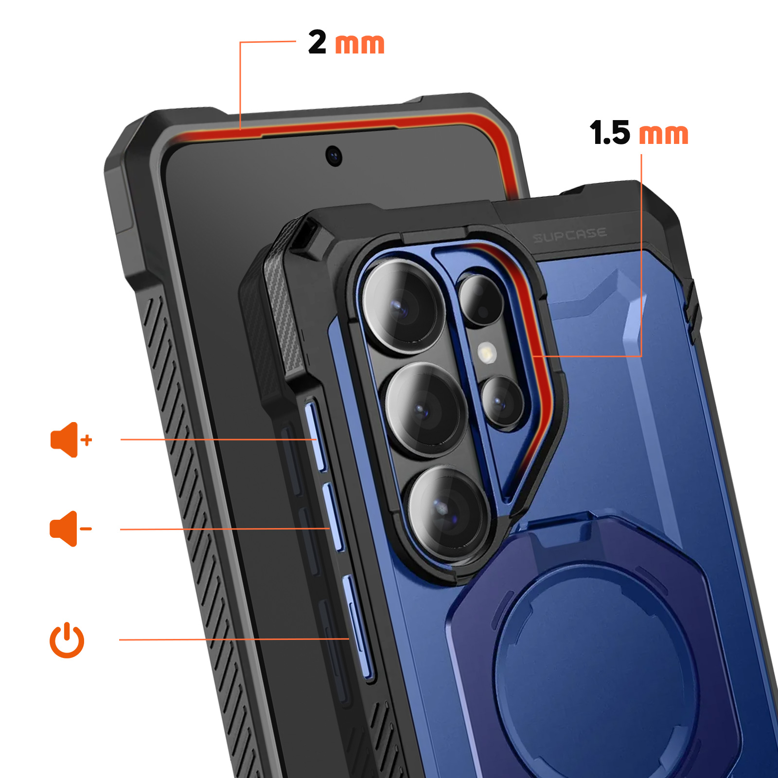 Custodia nera per telefono con accenti blu, mostra fotocamera e pulsanti.