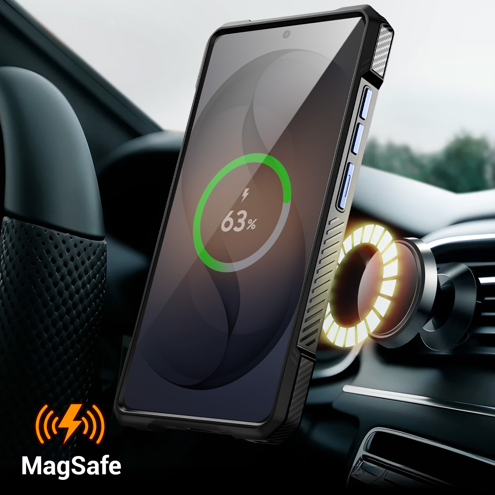 Smartphone con supporto MagSafe in auto, in carica al 63%.