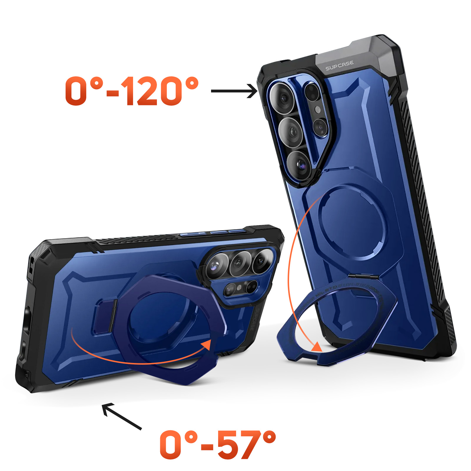 Due custodie per telefono blu con supporto, che mostrano angoli di 0-120° e 0-57°.