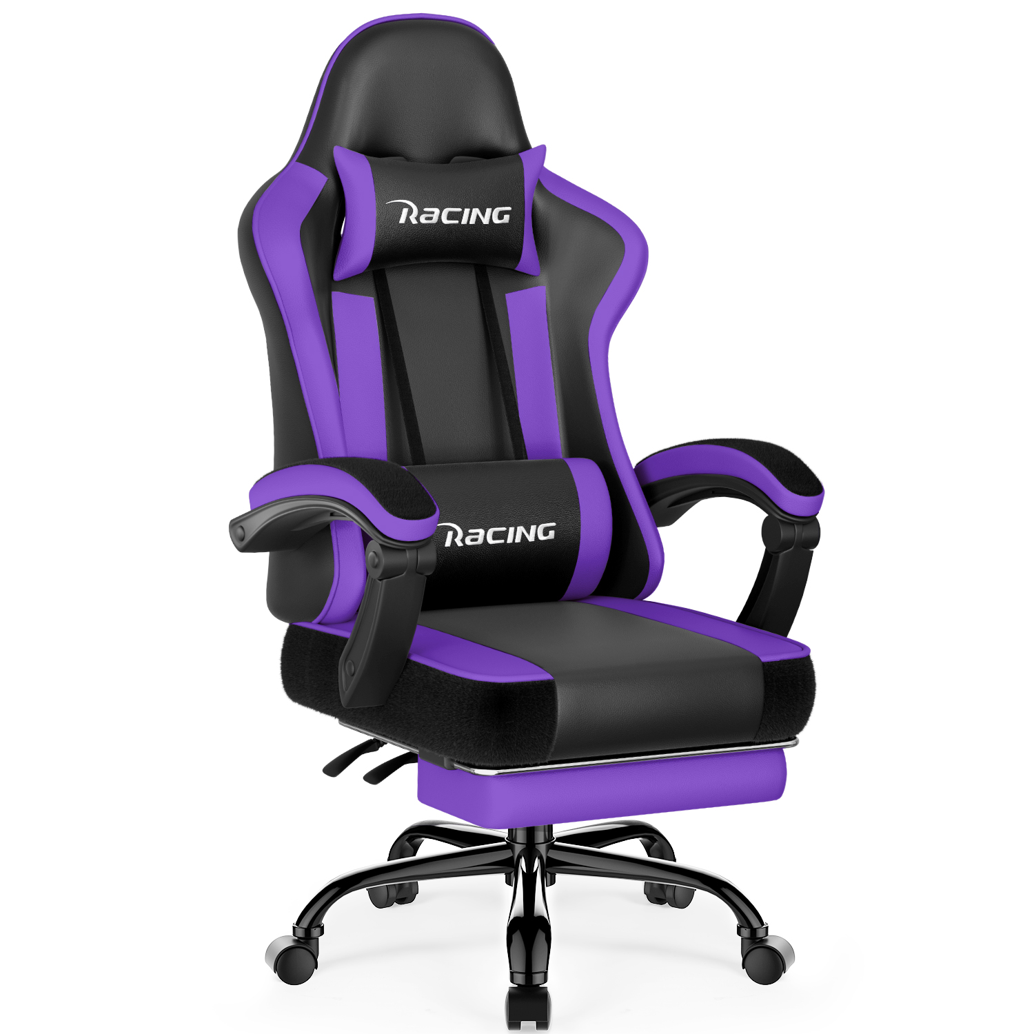 Ein schwarzer und violetter Gaming-Stuhl mit dem Wort "RACING" auf den Kissen.