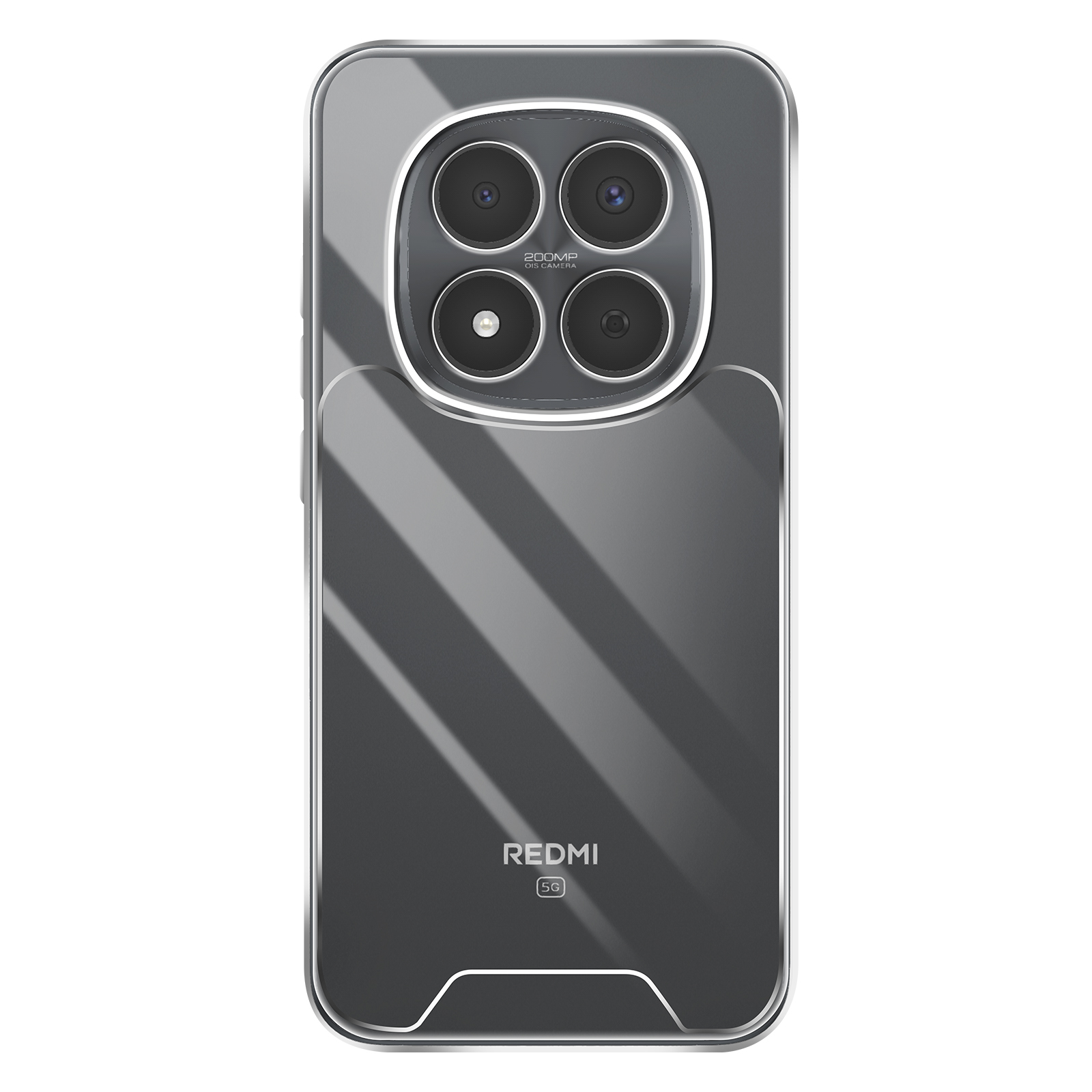 Retro di uno smartphone trasparente con quattro fotocamere e marchio rosso.