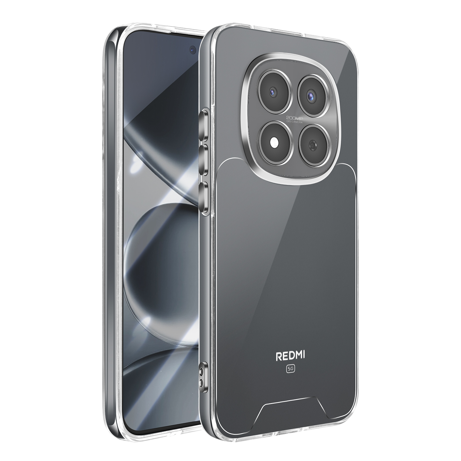 Una cover trasparente per telefono con quattro fotocamere e logo Redmi 5G.