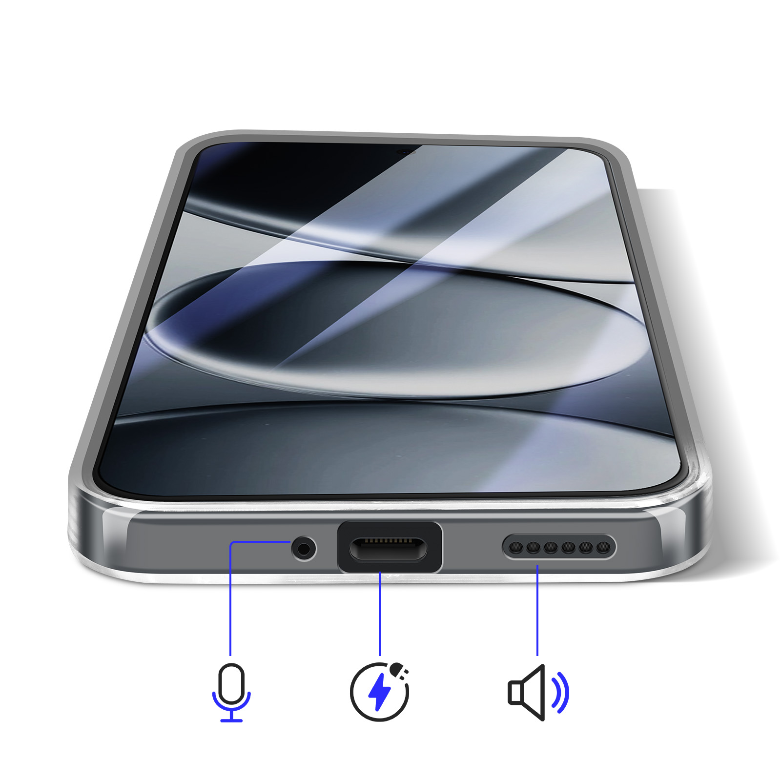 Uno smartphone che mostra le porte per microfono, ricarica e altoparlante.