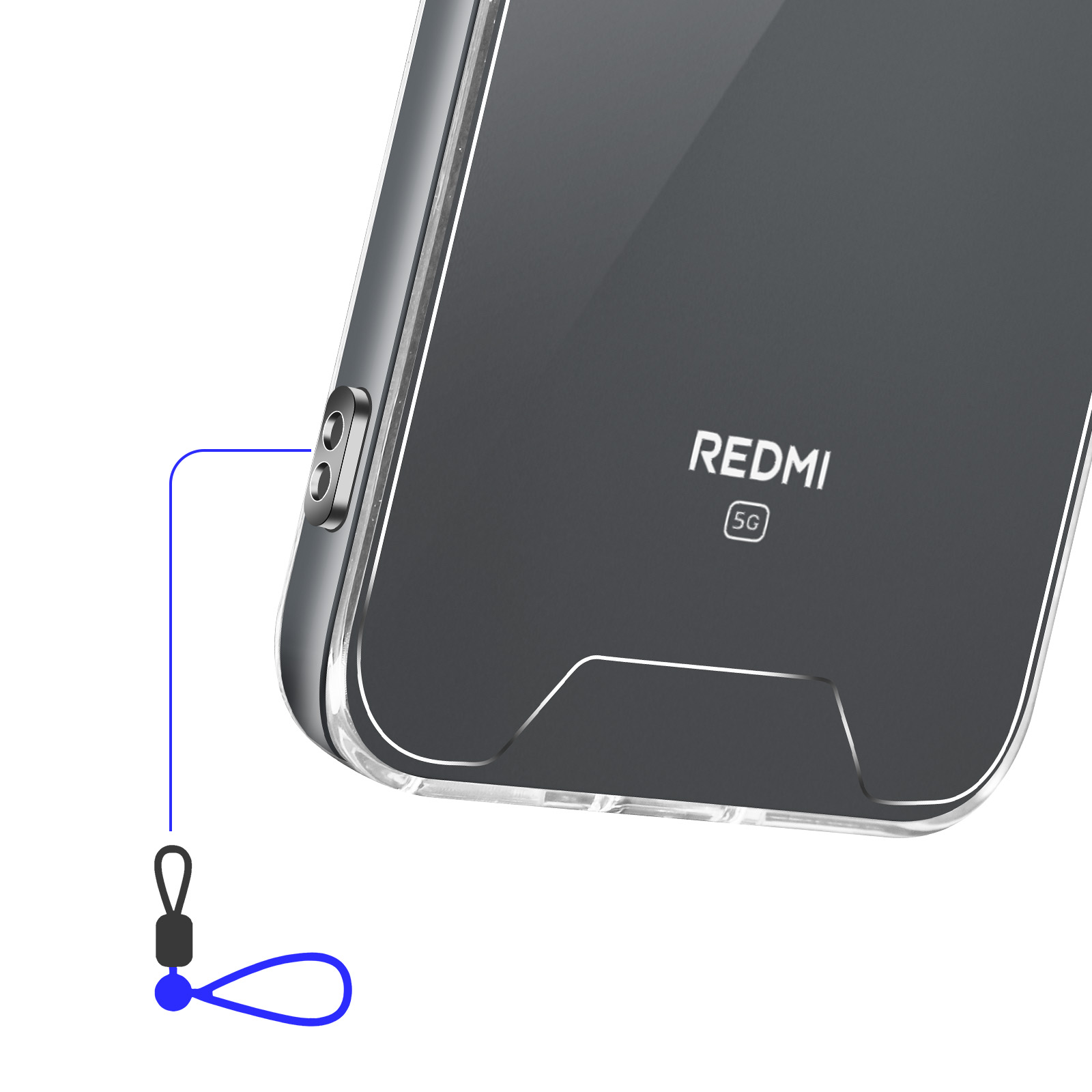 Una custodia trasparente per telefono con cordino blu e logo Redmi 5G.