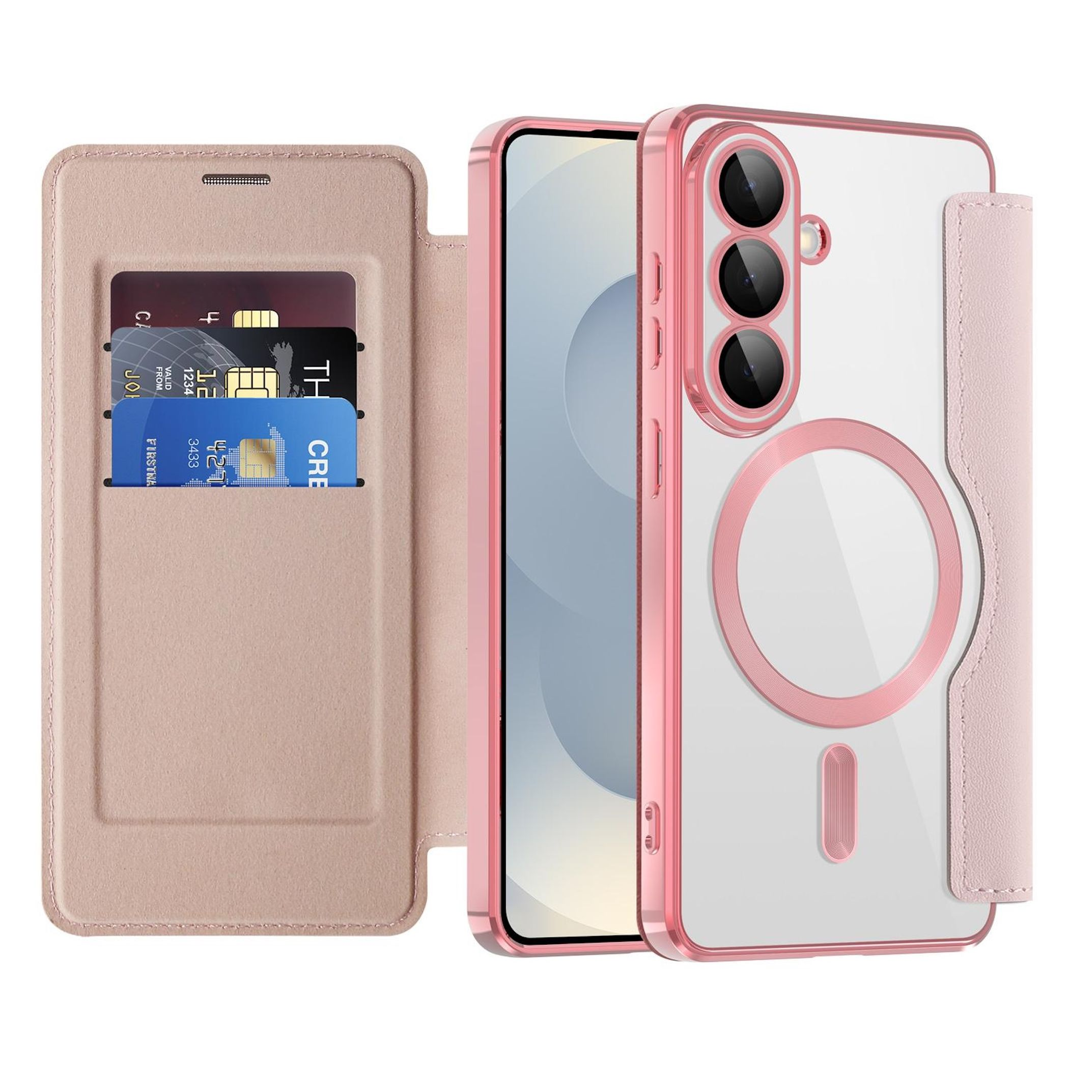 Funda rosa para teléfono con ranuras para tarjetas y parte trasera transparente con cámaras.