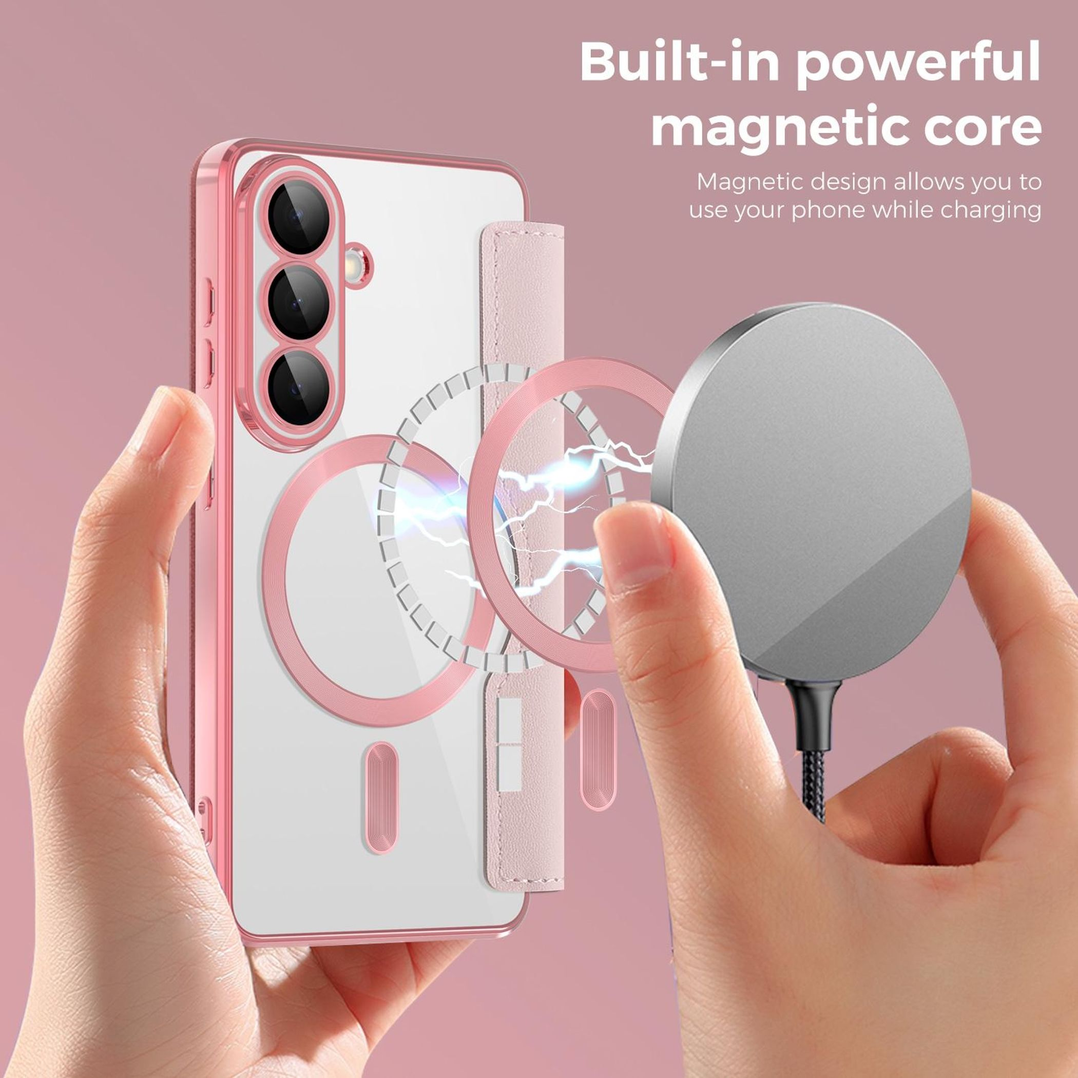 Una funda rosa para teléfono se conecta magnéticamente a un cargador.
