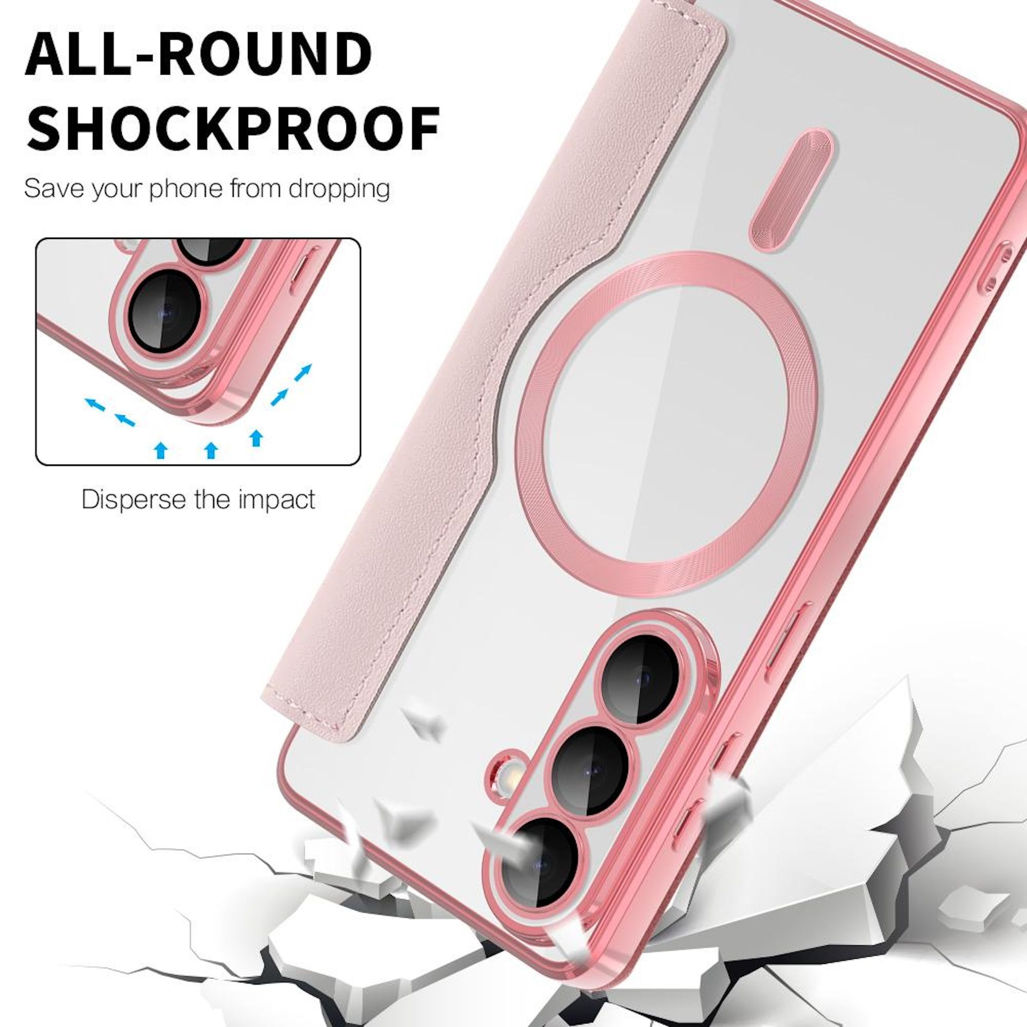 Funda de teléfono con lentes de cámara sobre suelo roto.