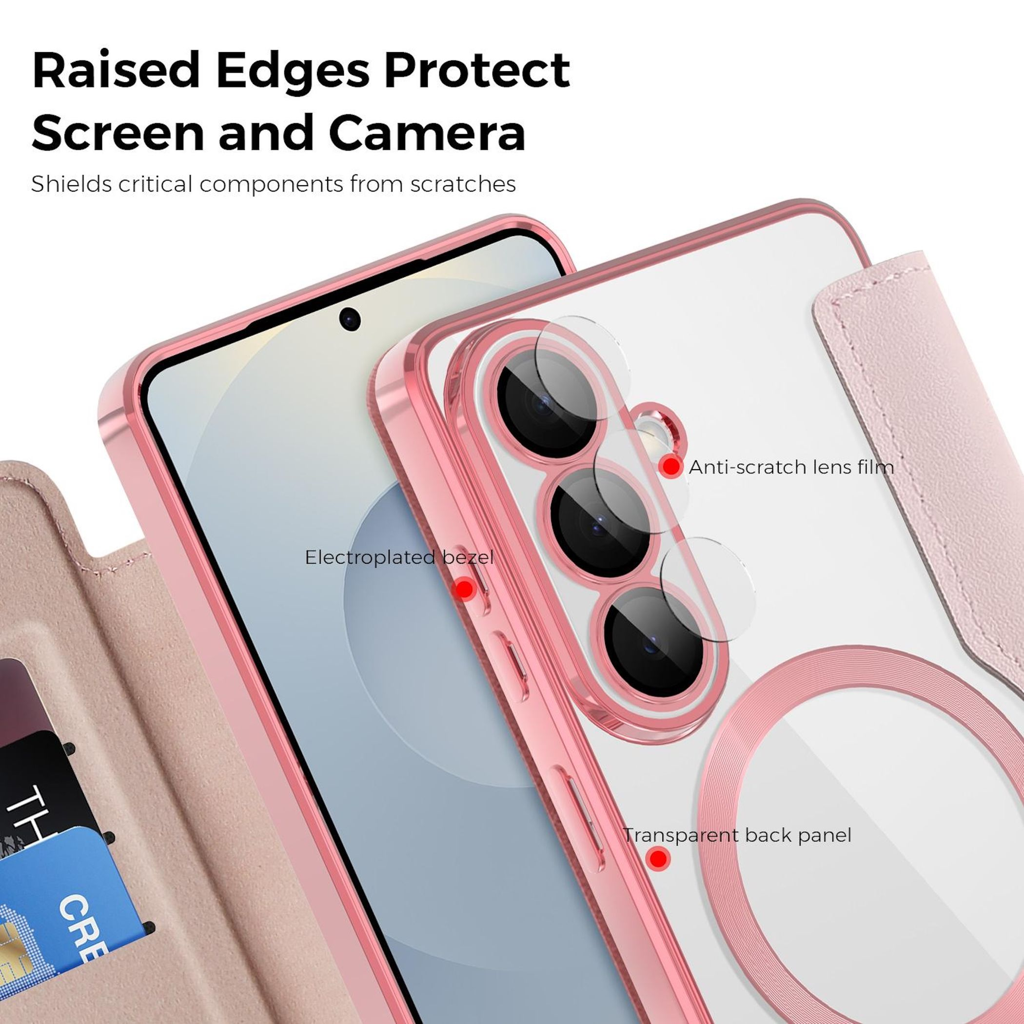 Una funda de teléfono rosa con tres cámaras y ranura para tarjetas.