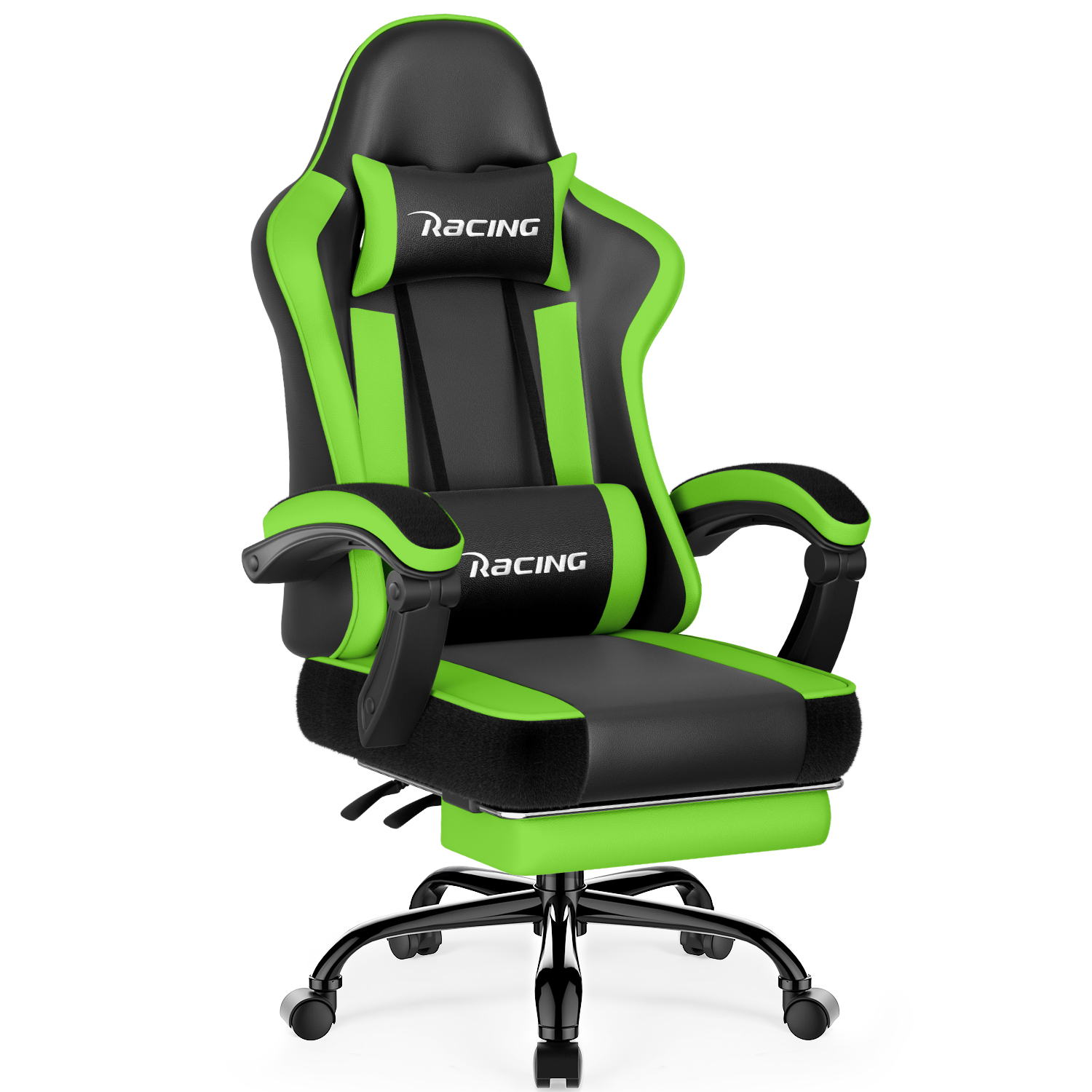 Ein schwarzer und grüner Gaming-Stuhl mit Rädern und einer ausziehbaren Fußstütze.
