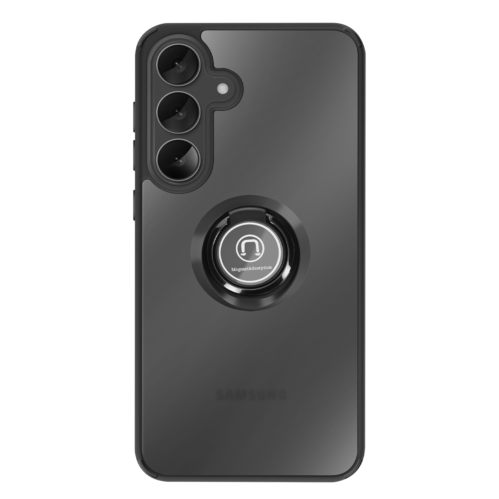 Custodia nera per telefono con tre fotocamere e anello magnetico.