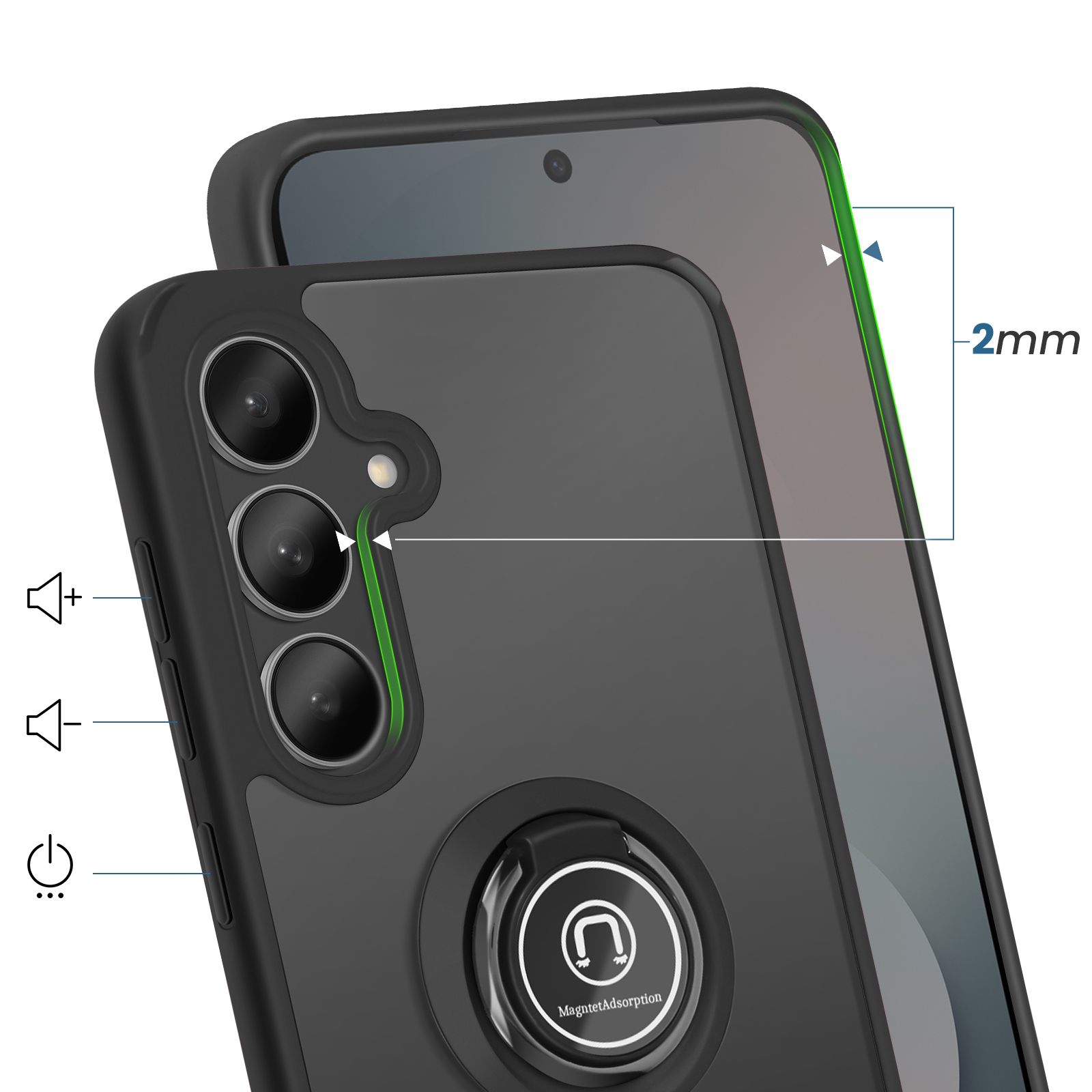 Custodia nera per telefono con anello e isola per fotocamera. Cornice da 2 mm.