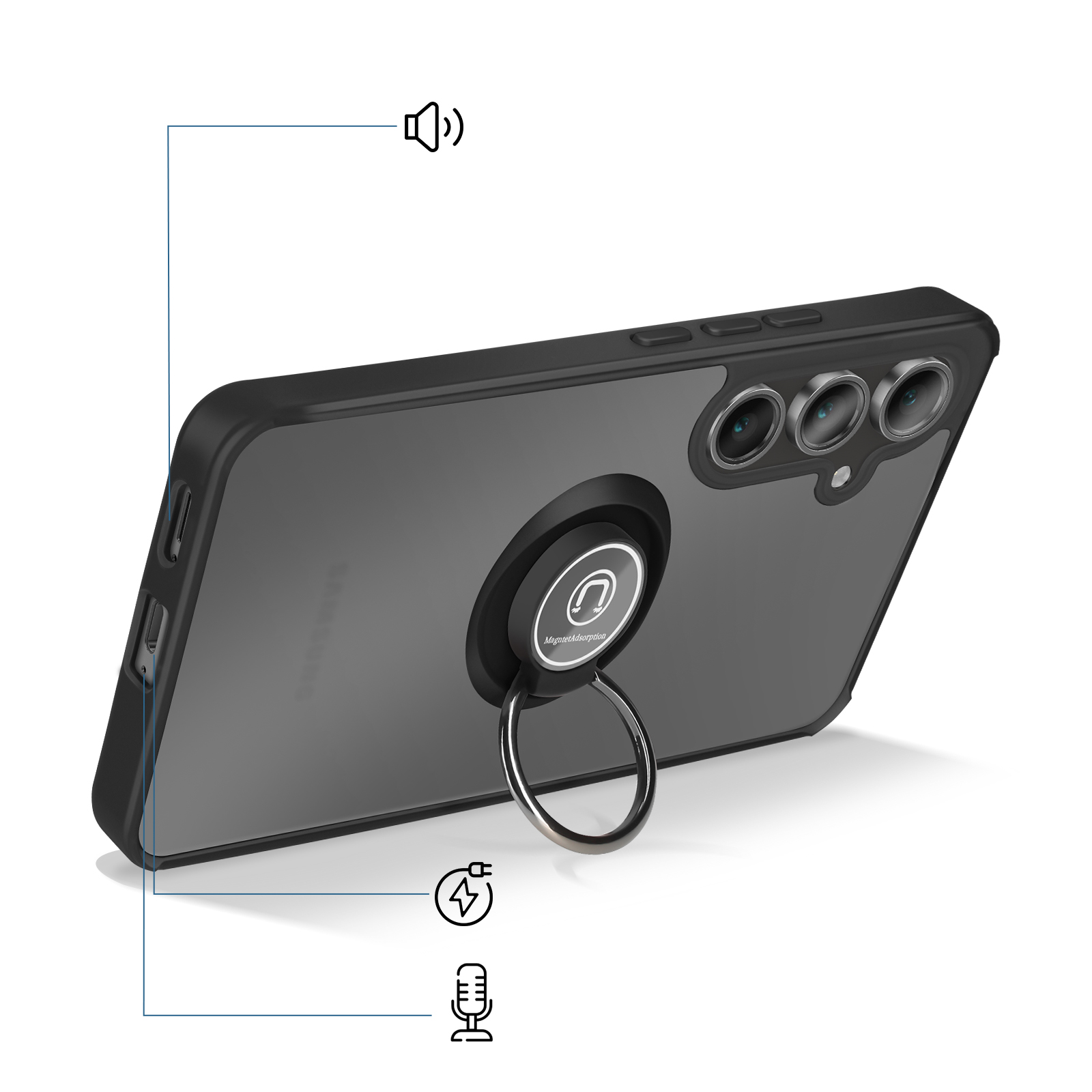 Telefono nero con anello porta anello, tre fotocamere e icone audio, ricarica e microfono.
